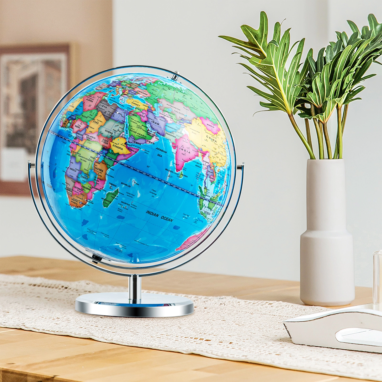 SUGIFT Kids 720-Degree Rotating LED Light Chrome Base World Globe 13-in Diameter 16-in Height 2.51-lb Net Weight Blue