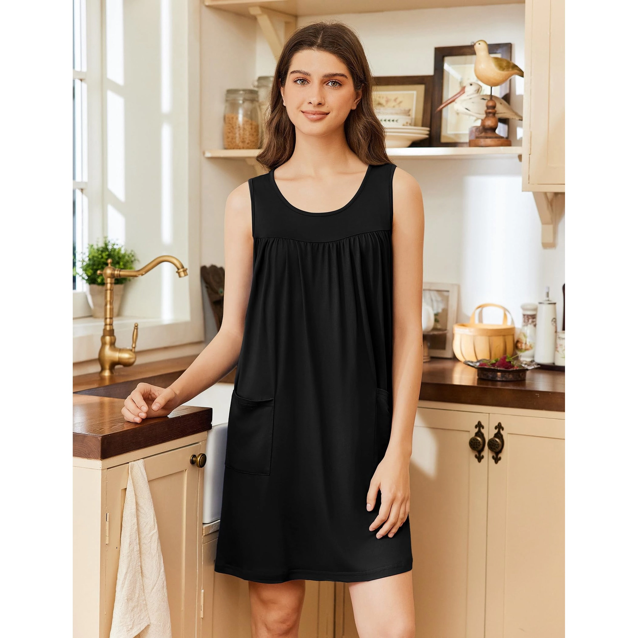 Ekouaer Nightgowns for Women Tank Sleep Shirts Sleeveless Sleep Dress with Pockets Wide Strap