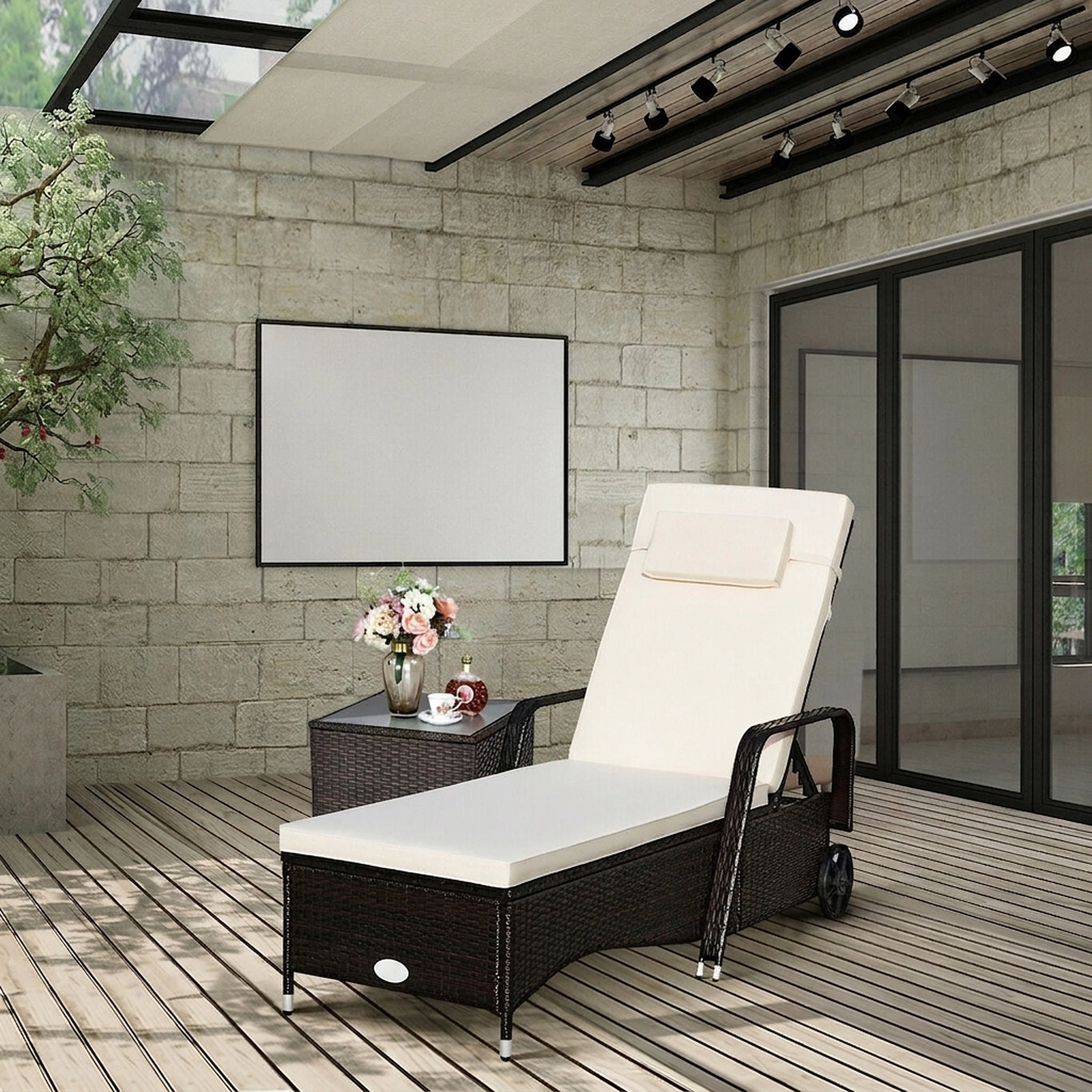 SUGIFT Brown Outdoor Chaise Lounge, PE Rattan, Galvanized Steel Frame, 6-Position Reclining Backrest