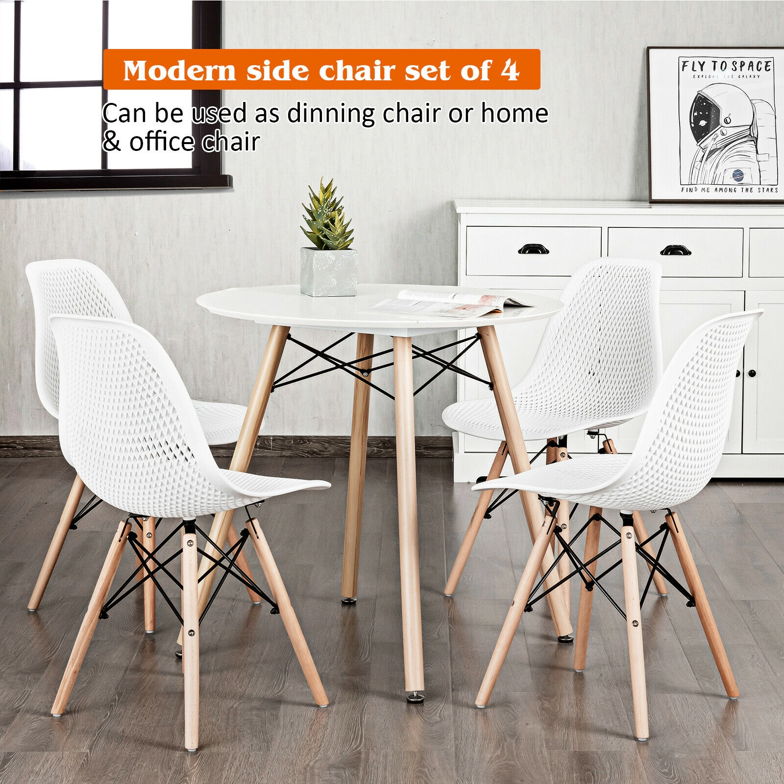 SUGIFT Set of 4 White Modern Plastic Dining Chairs with Mesh Backs and Beech Wood Legs