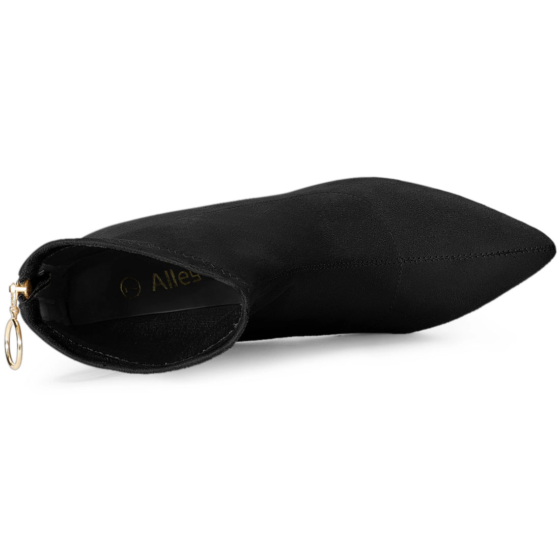 BLISSFUL STEP Women Faux Suede Pointed Toe Zipper Chunky Heels Ankle Boots