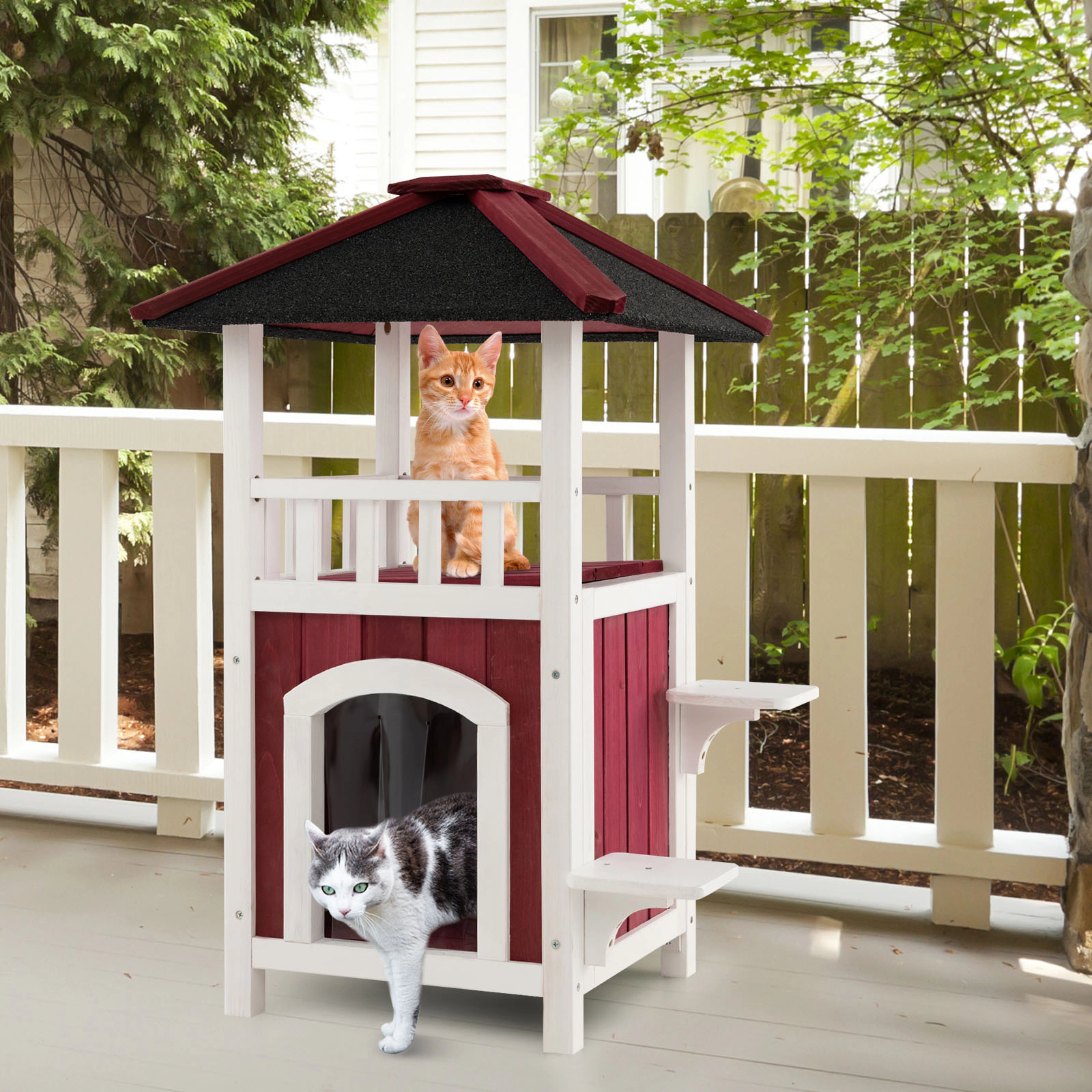 SUGIFT 23 x 34-in 33-lb Platform Capacity Red 2-Story Wooden Outdoor Cat House with Asphalt Roof and Balcony