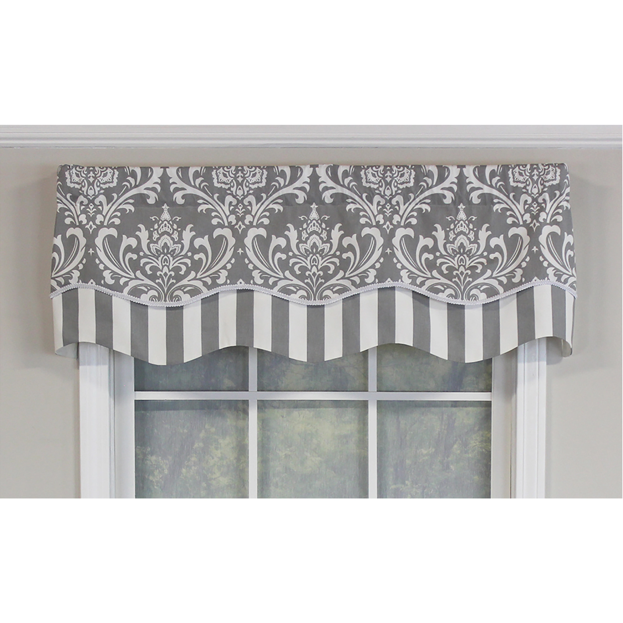 RLF Home Ozbourne Glory Valance Gray. 3" Rod Pocket, Layered, Trimmed. 50"W X 16"L