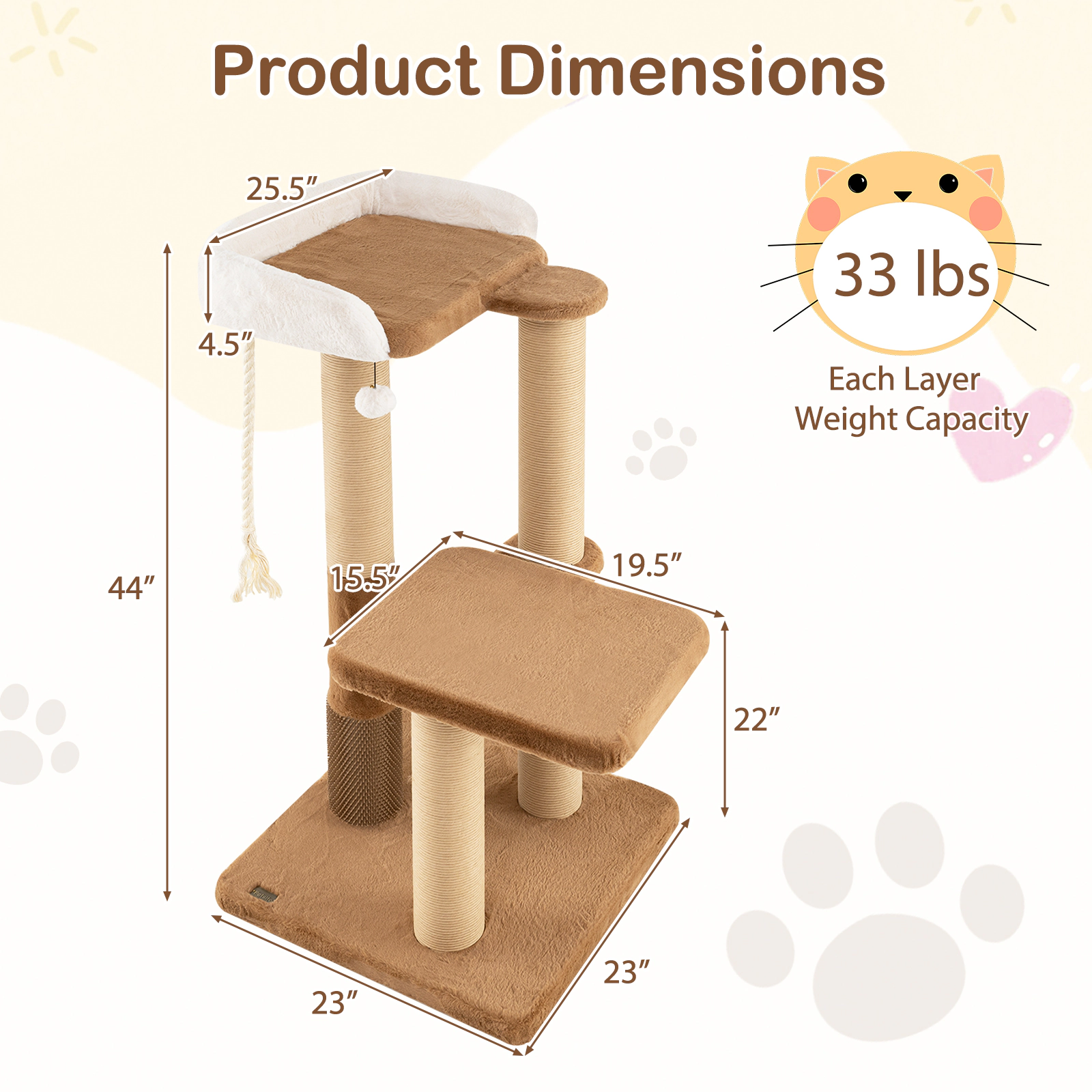 Glintex 44-Inch Cat Tree with 4.5-Inch Thick Posts Self-Groomer and Raised-Edge Perch, Brown