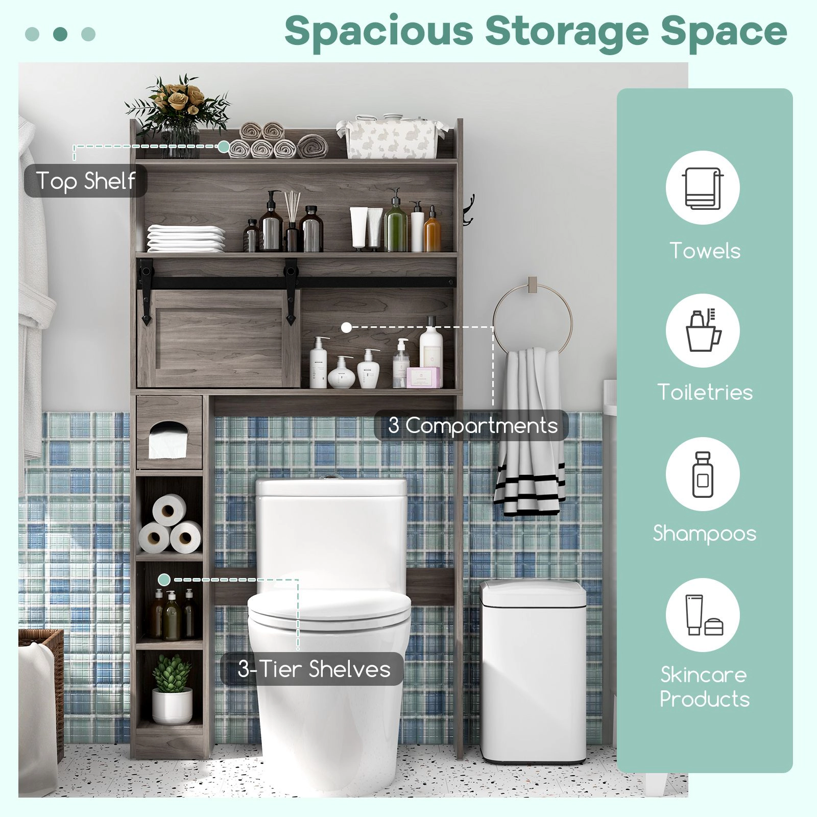 SlickBlue Toilet Storage Cabinet with Sliding Door and Shelves