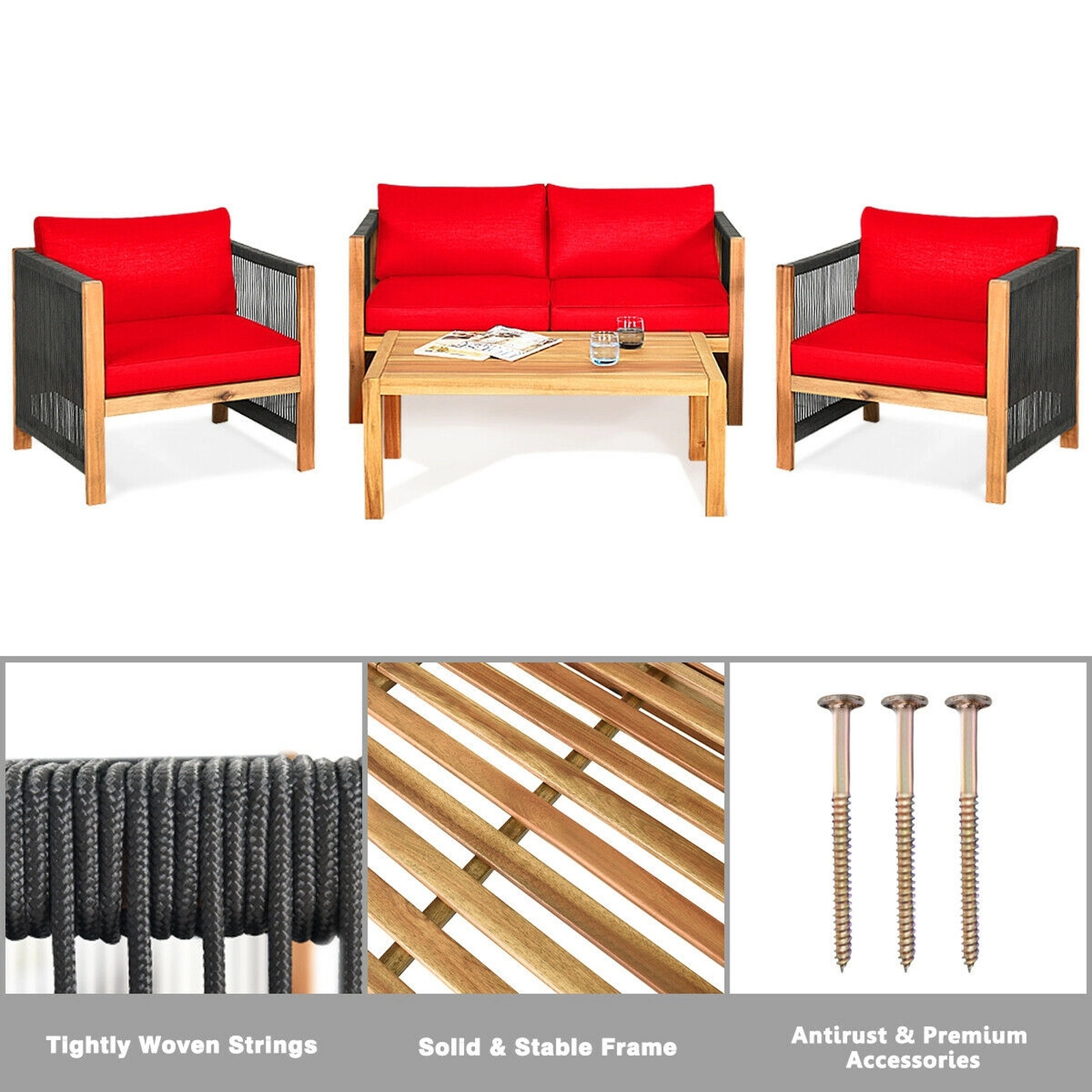 SUGIFT Thick Seat and Back Cushions 4-Piece Red Acacia Wood Patio Furniture Set