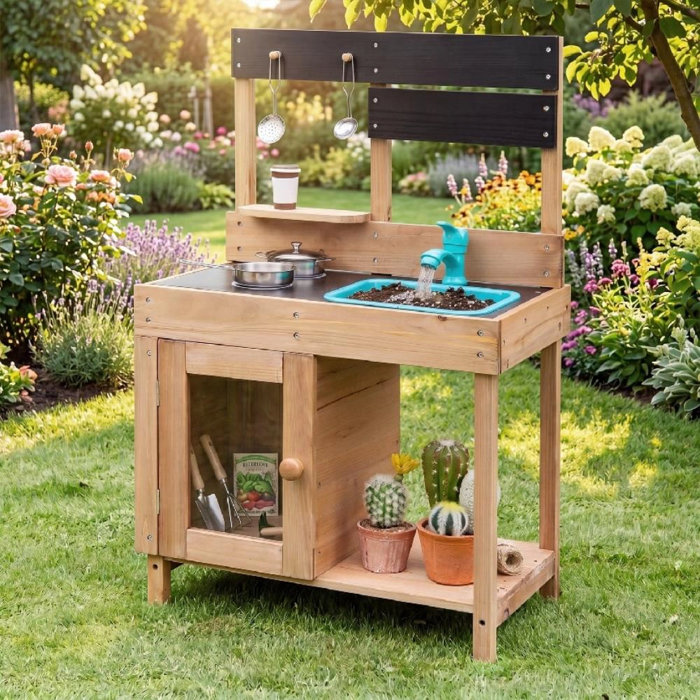 Hivvago Wooden Play Pretend Kitchen with Stoves Storage Cabinet and Shelf