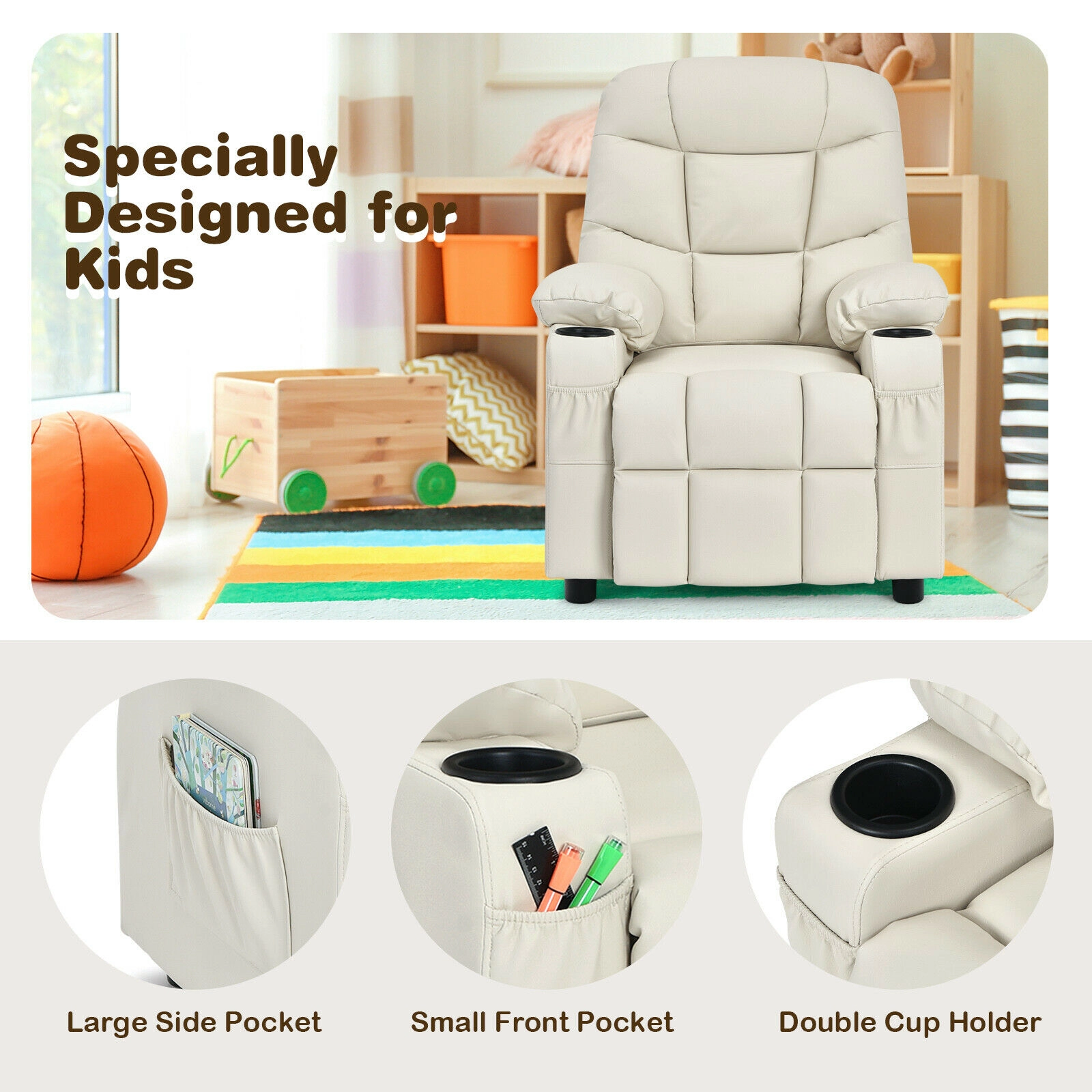 SUGIFT Kids PU Leather Cup Holders Side Pockets Footrest Recliner 26-in x 28-in x 34-in 120-lb Capacity Ages 3+ Beige