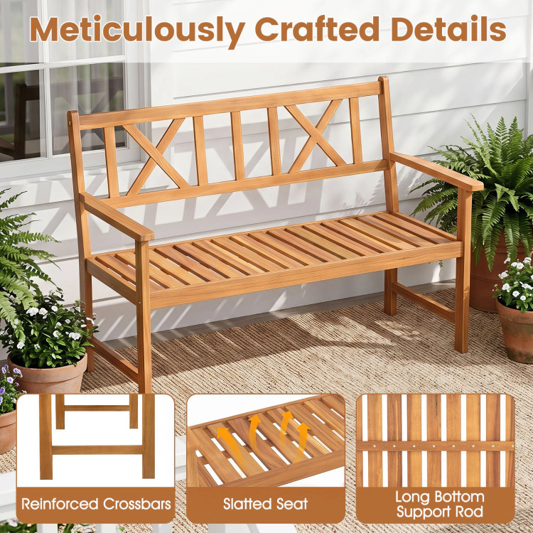 Hivvago 2-Person Patio Acacia Wood Garden Chair With Armrests And X-Shaped Backrest For Garden