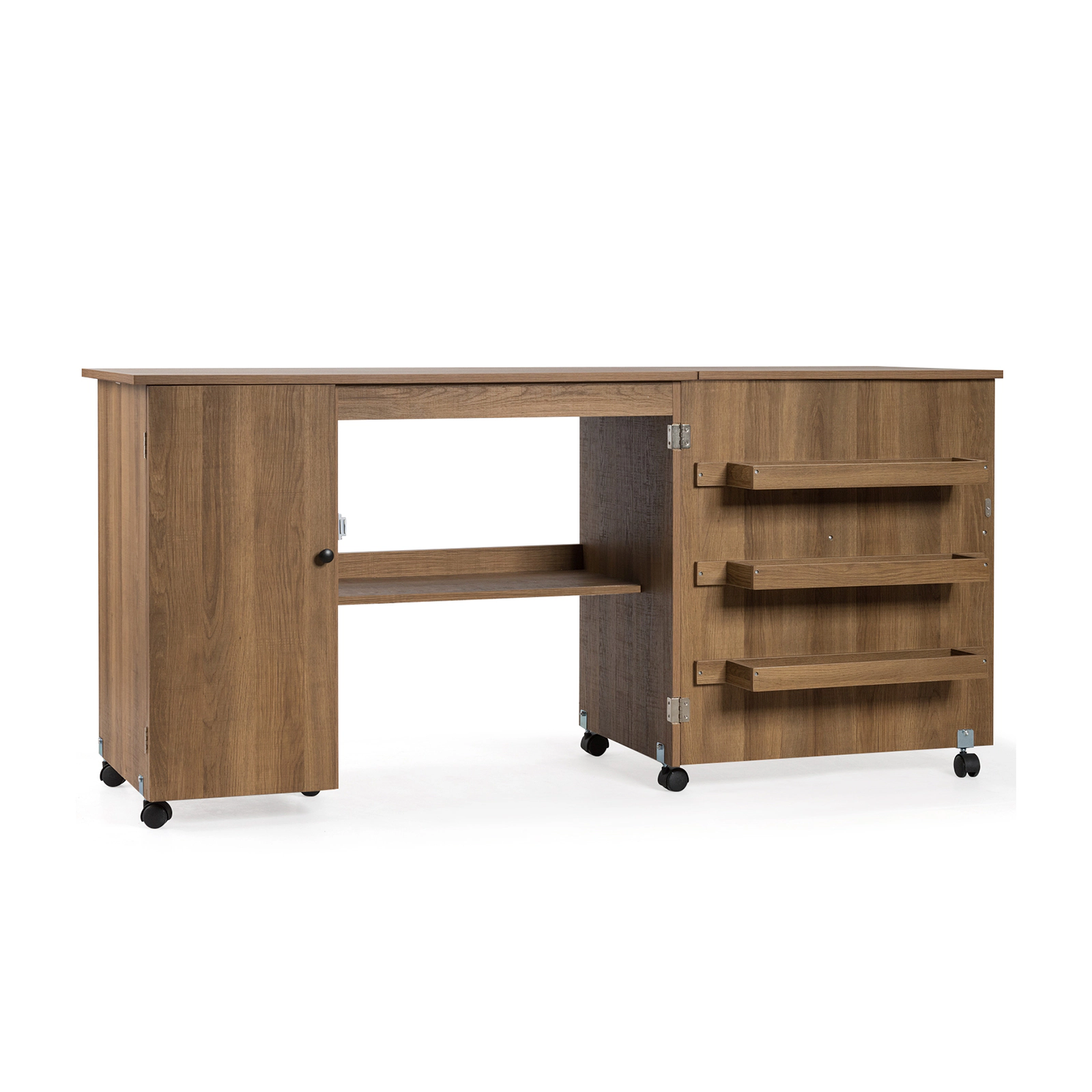 SUGIFT Folding Cabinet 3 Storage Bins Rolling Sewing Craft Table Desk 62.5-in x 20-in x 29-in Folds to 38.5-in Natural