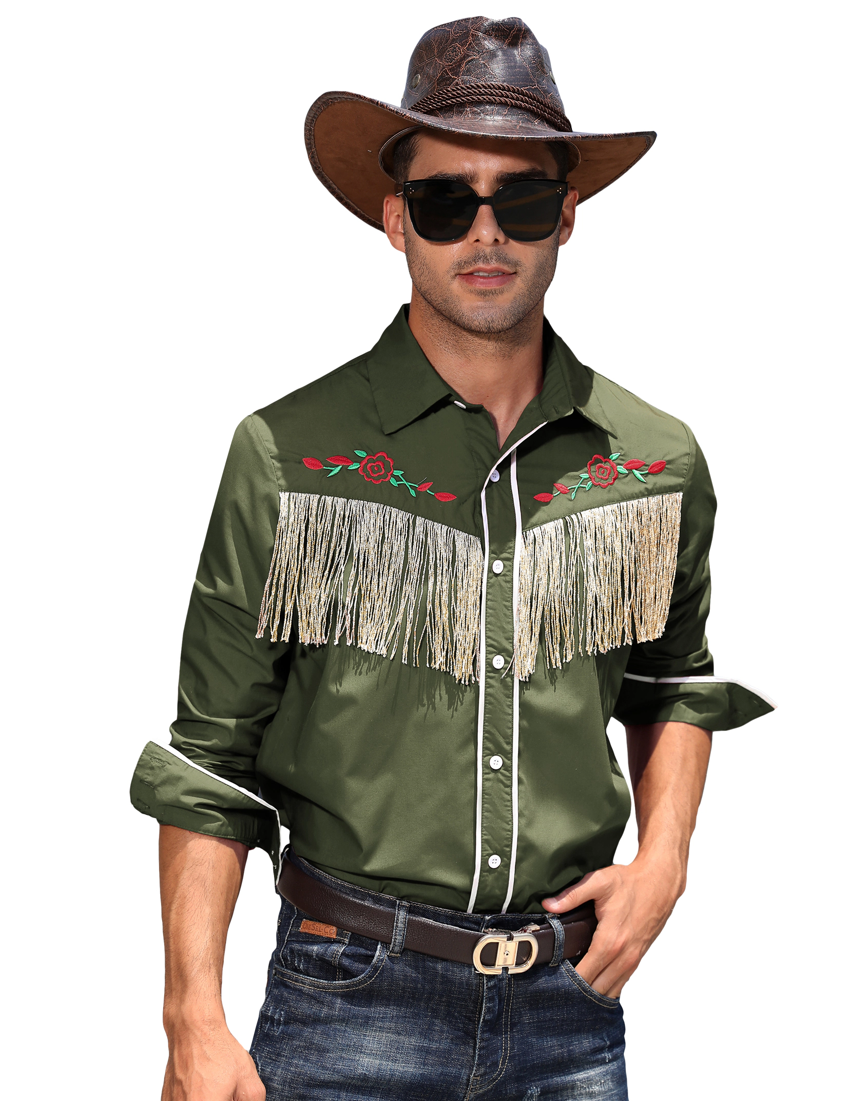 KOJOOIN Men's Western Fringe Shirt Long Sleeve Button Down Rose Embroidered Hippie Cowboy Costume