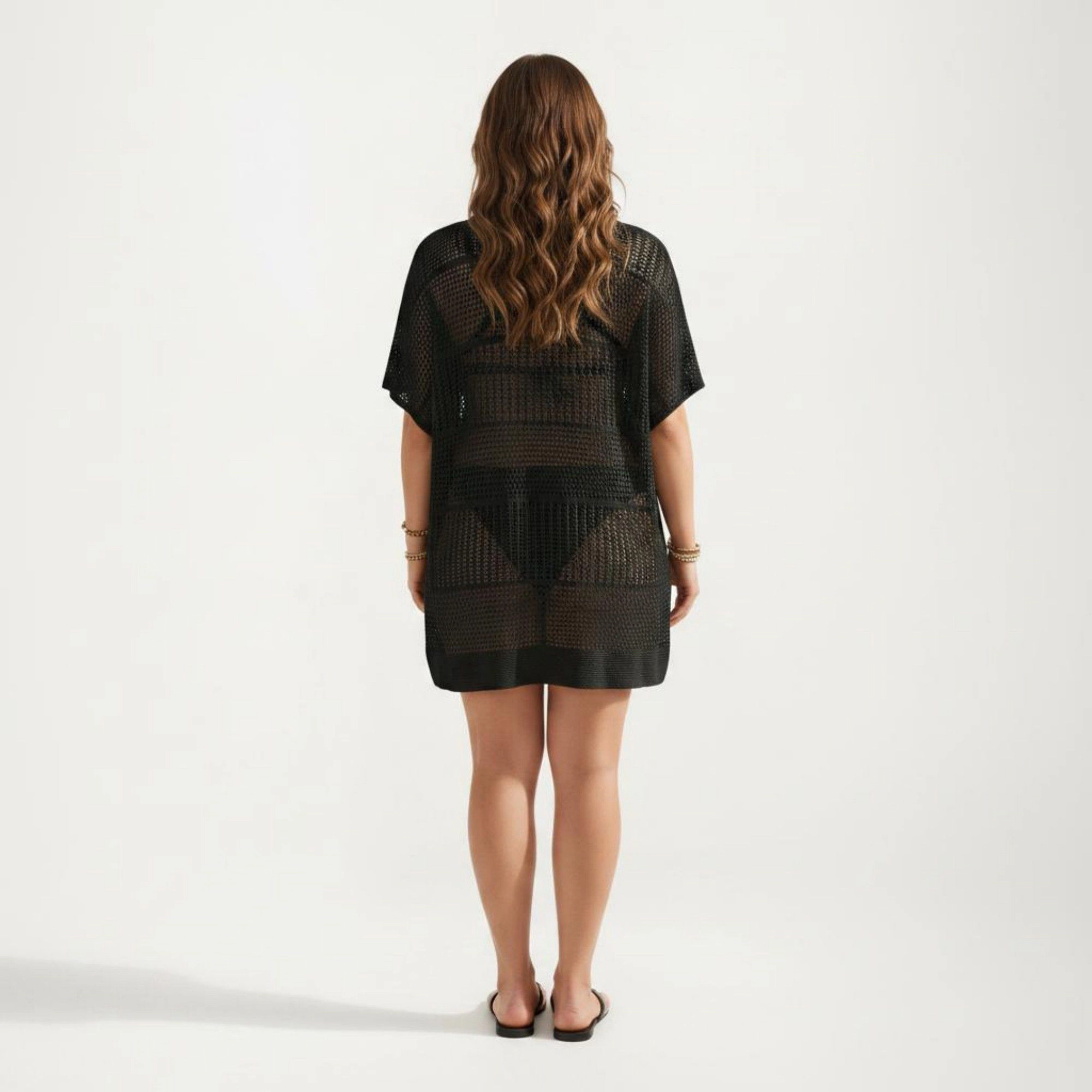 Anna-Kaci Women's Mesh Open Knit Collared Neck Short Sleeve Relaxed Fit Swim Cover Up Dress