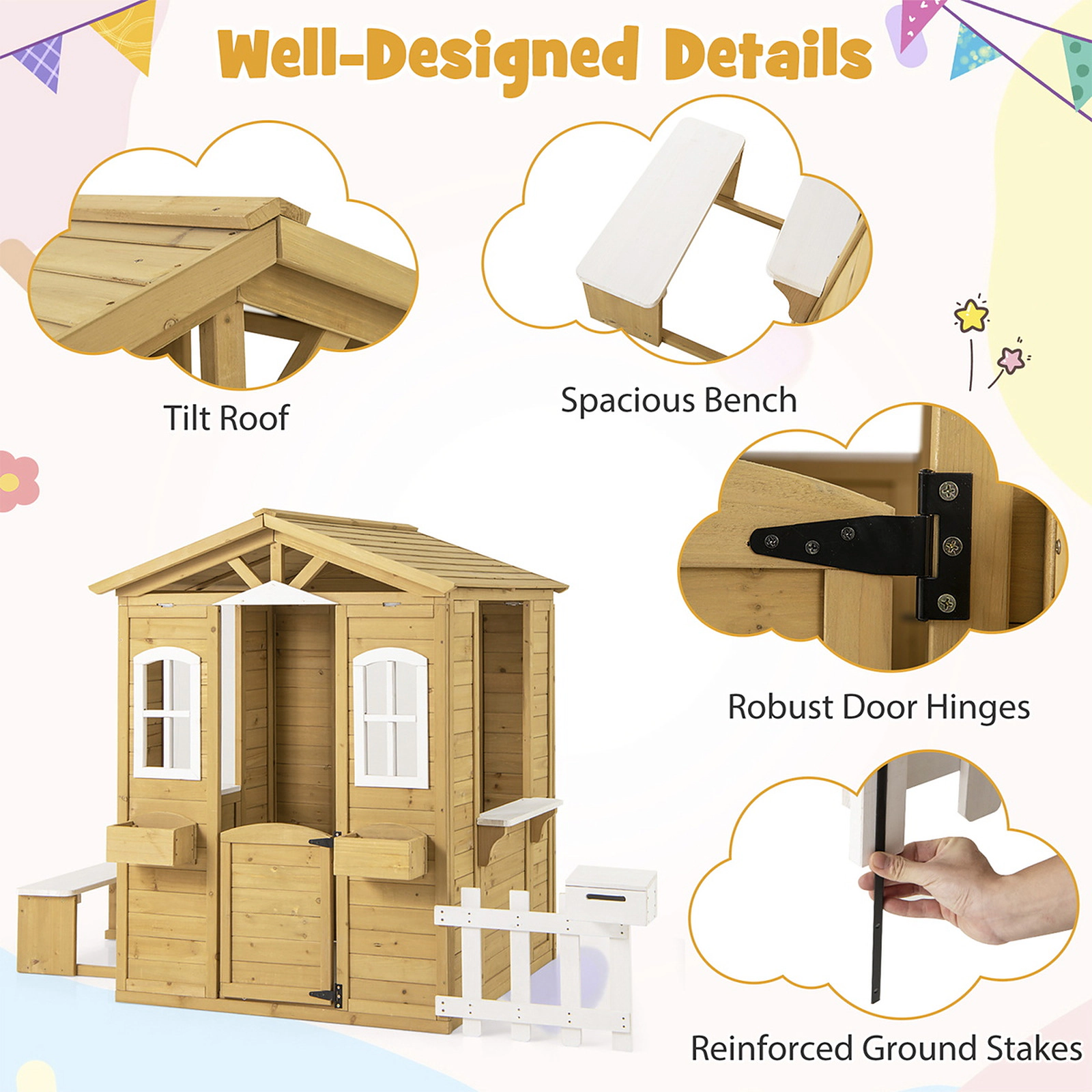 SUGIFT Natural and White Wooden Kids Playhouse with Bench Serving Window and Mailbox 80.5-in Tall 110-lb Seat