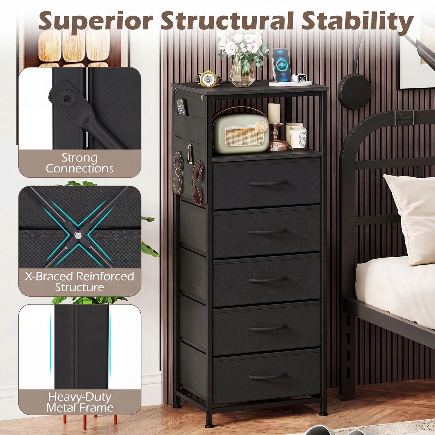 SlickBlue Storage Cabinet with 5 Drawers, Charging Station & Pocket