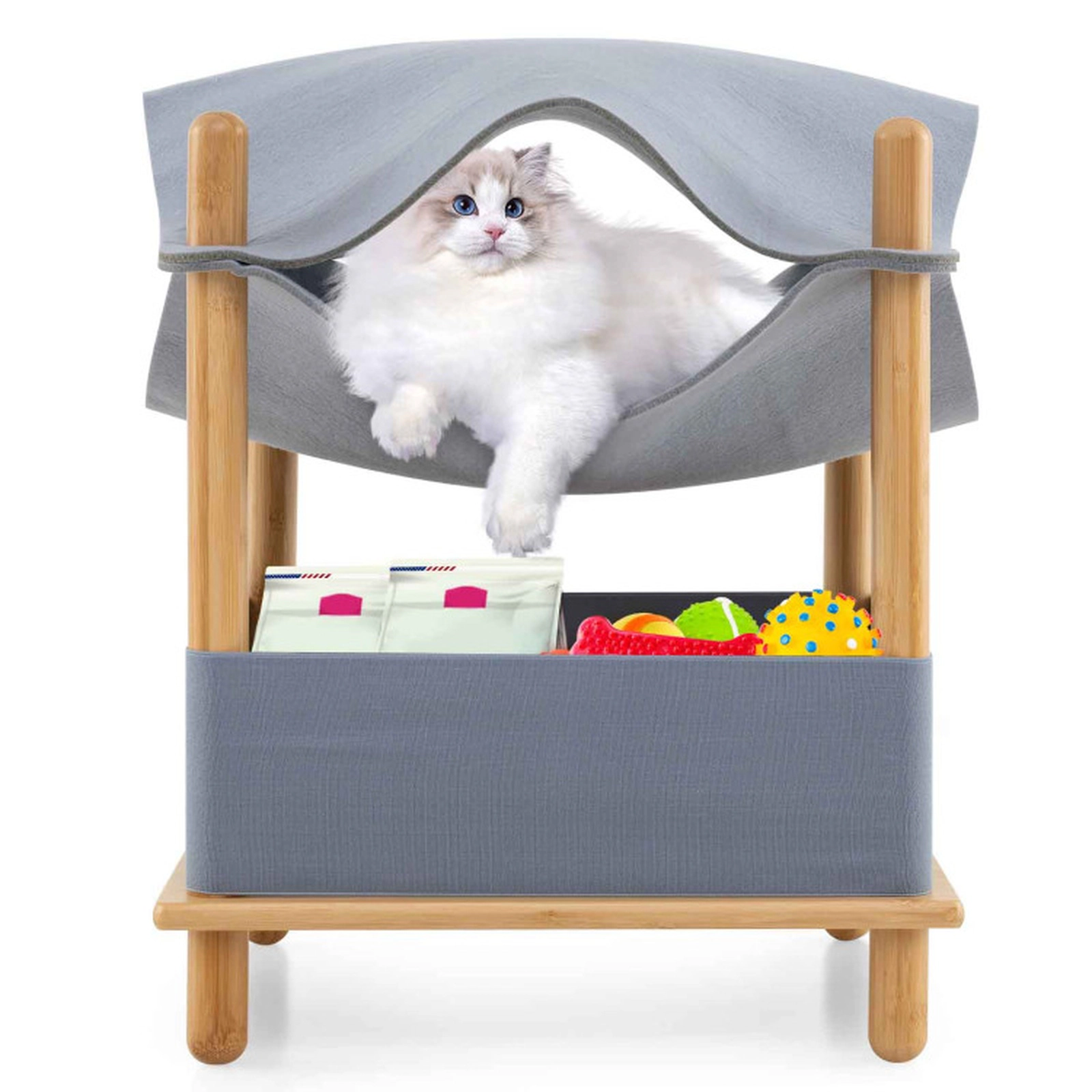 SUGIFT 21-in 2-Tier Bamboo Cat House with Convertible Hammock Condo Storage Shelf and Tool-Free Assembly