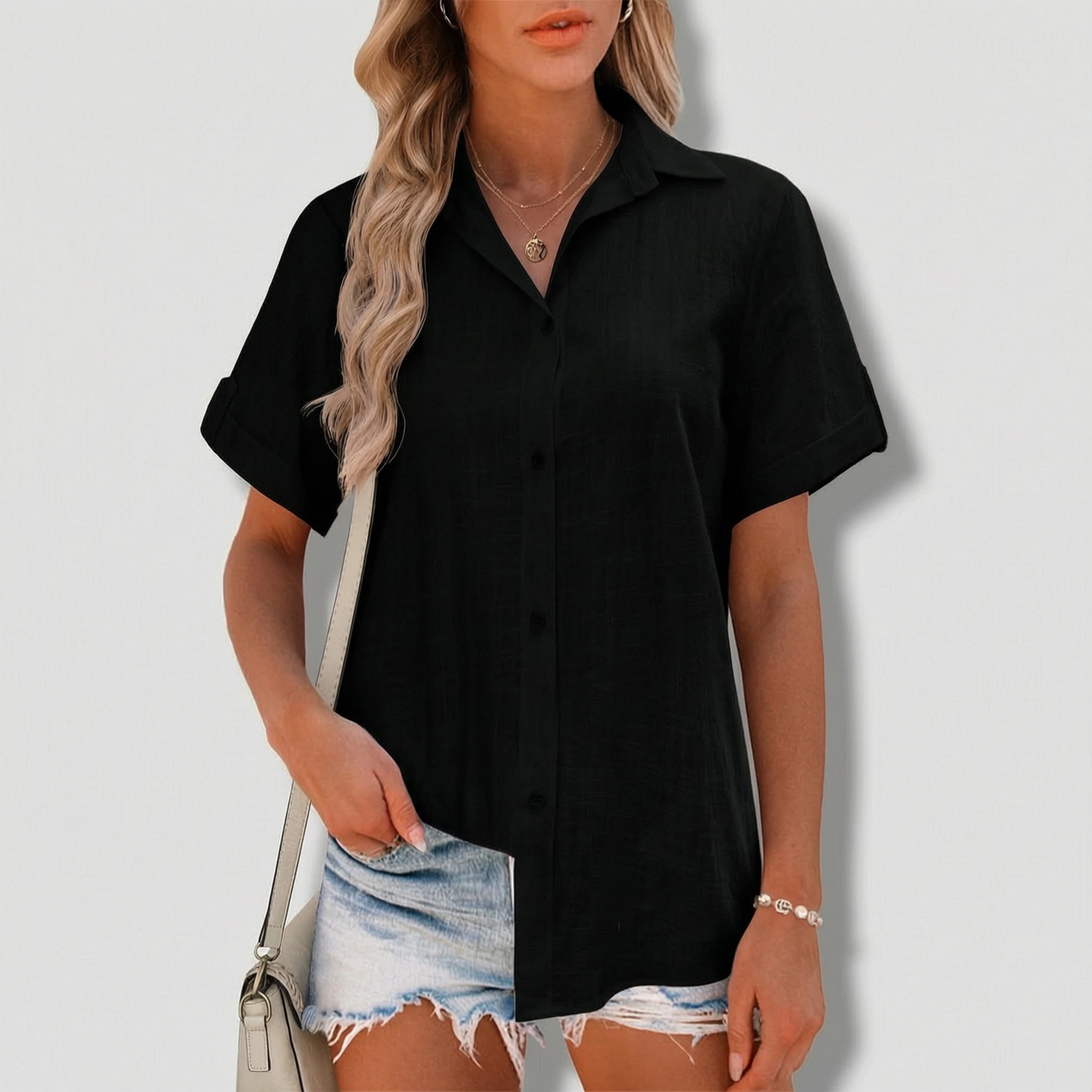 Zeagoo Women s Short Sleeve Button Down V Neck Cotton Linen Blouse, Casual Office Work Tunic Tops