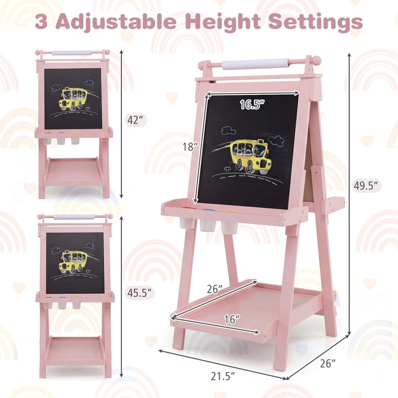 3-in-1 Wooden Kids Art Easel Double-Sided Magnetic Whiteboard Chalkboard Paper Roll Storage Trays Ages 3 and Up Pink