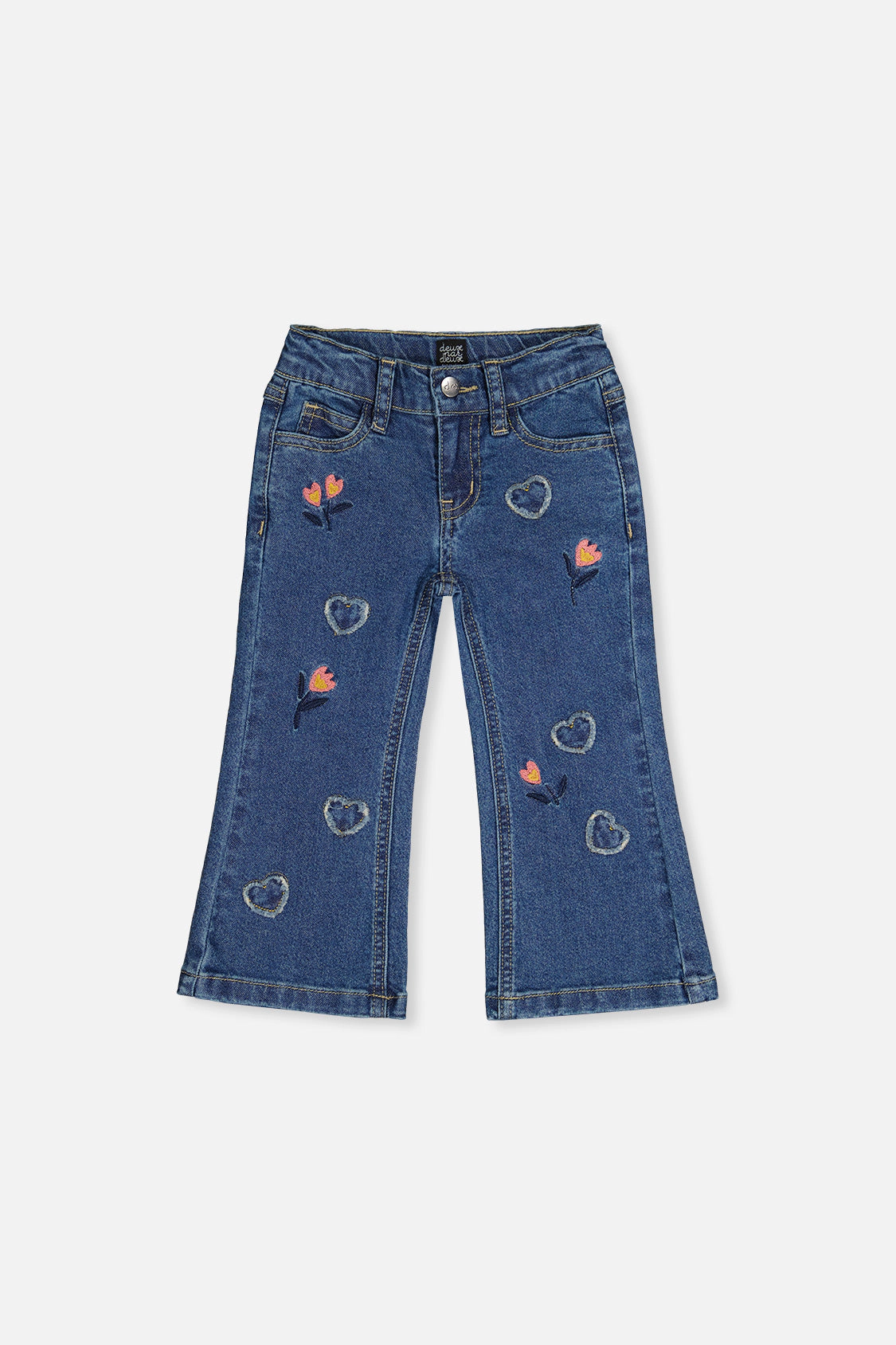 Deux par Girls Heart Appliqué & Floral Embroidered Boot Leg Denim Jeans