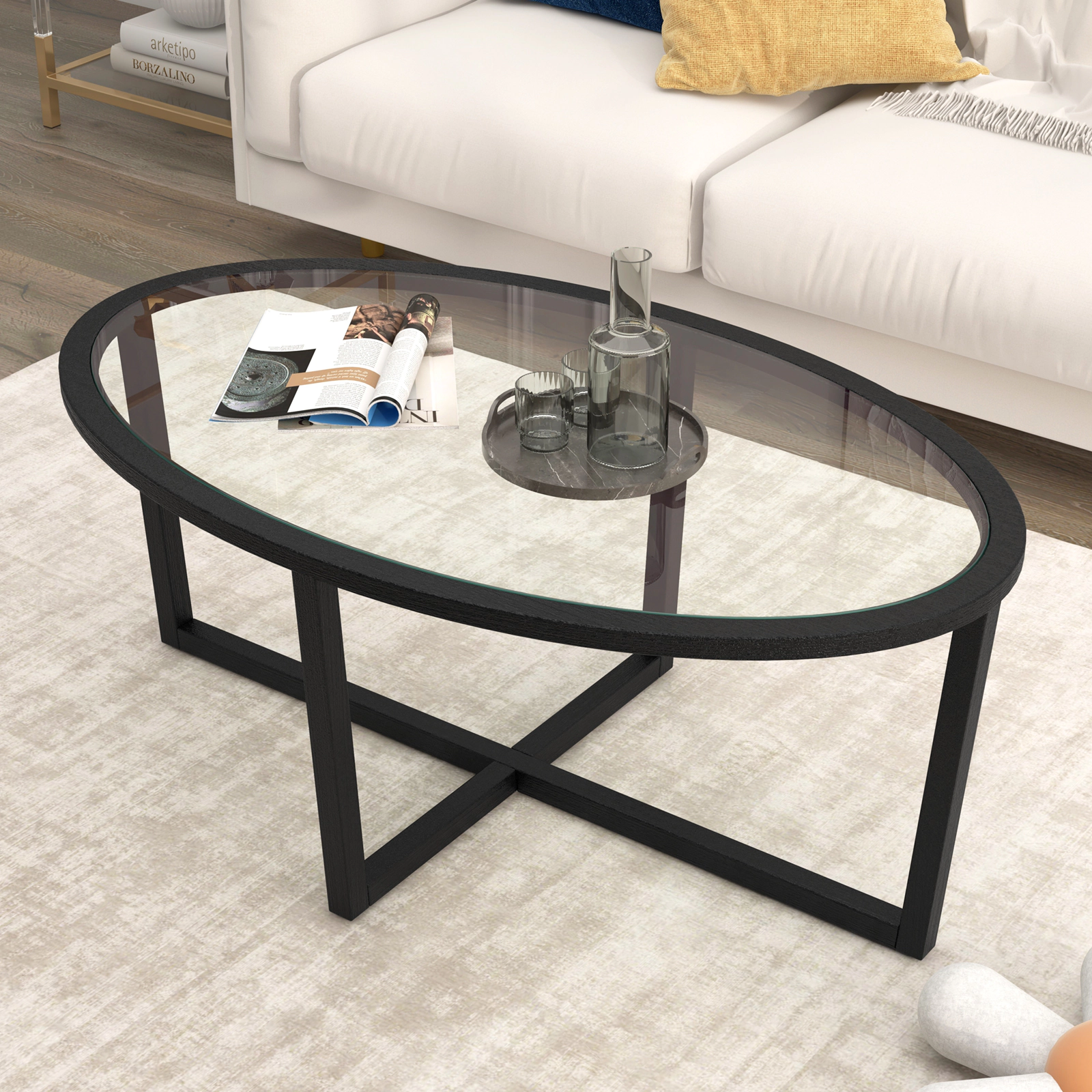SUGIFT 46.5-in Oval 110-lb Capacity Black Glass Coffee Table with Cross Base and Acacia Wood Legs