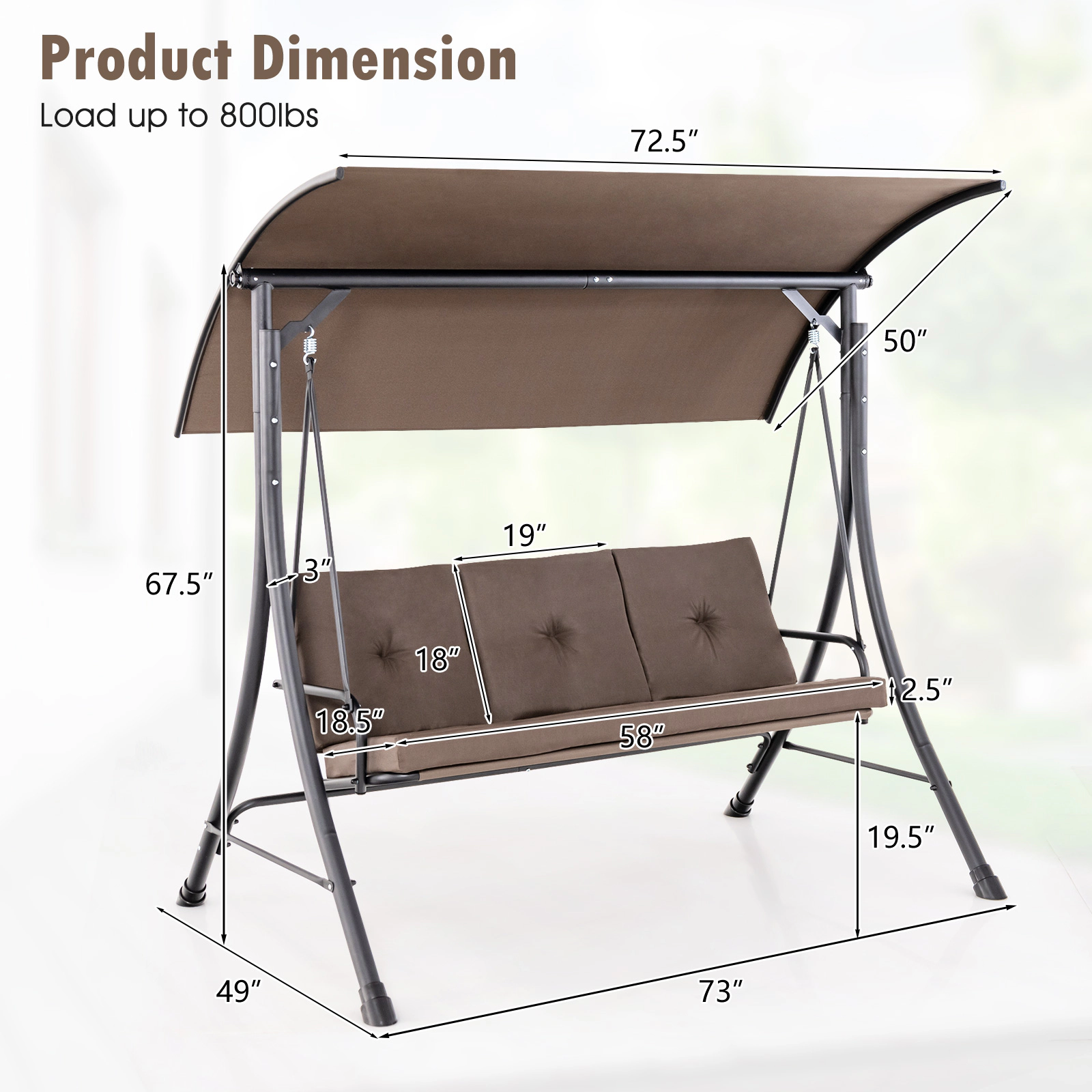 SUGIFT Brown 3-Seat Porch Swing with 240-Degree Canopy, Olefin Cushions, 800-Lb Capacity