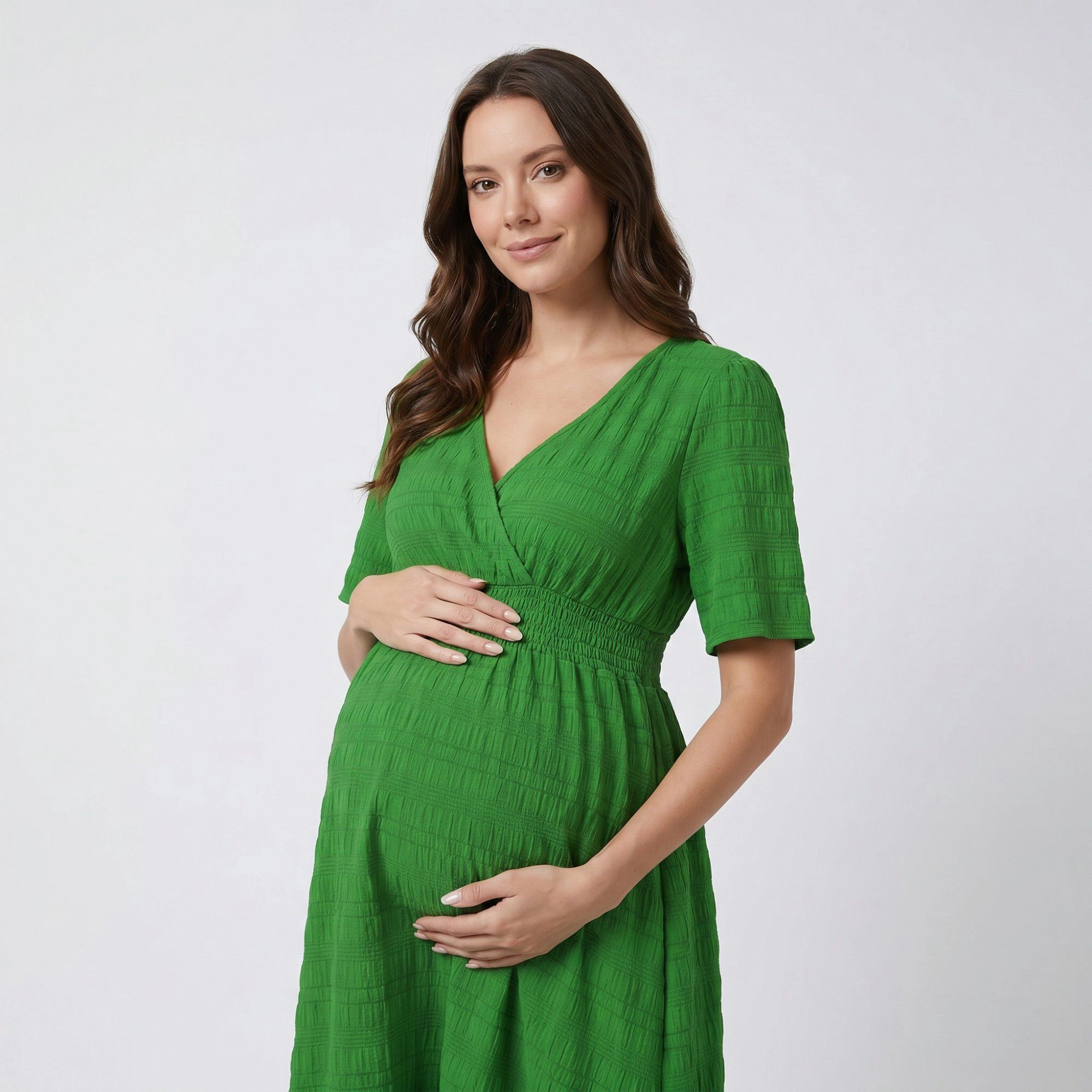 Anna-Kaci Women's Maternity V Neck Textured Short Sleeve Tiered Hem Midi Dress