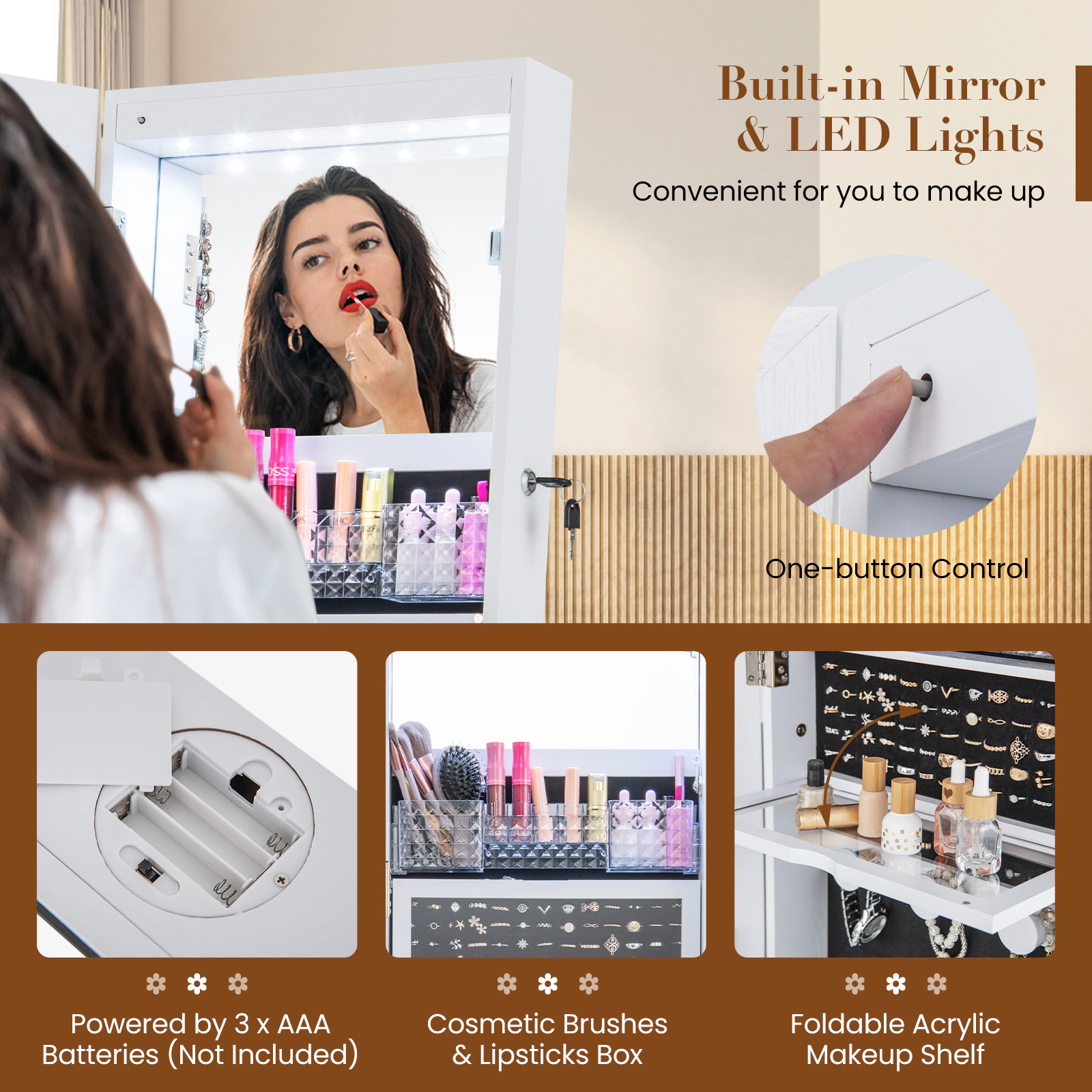 SUGIFT Lockable 360° Swivel Jewelry Cabinet with Full-Length Mirror LED Lights and Makeup Shelf White