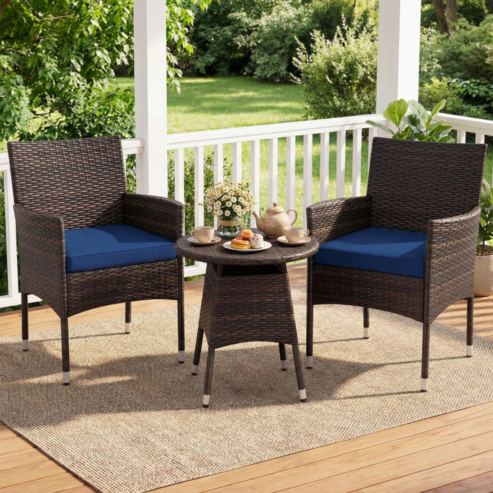 SUGIFT Navy 2 Cushioned Chairs and Side Table 3-Piece Patio Rattan Bistro Set