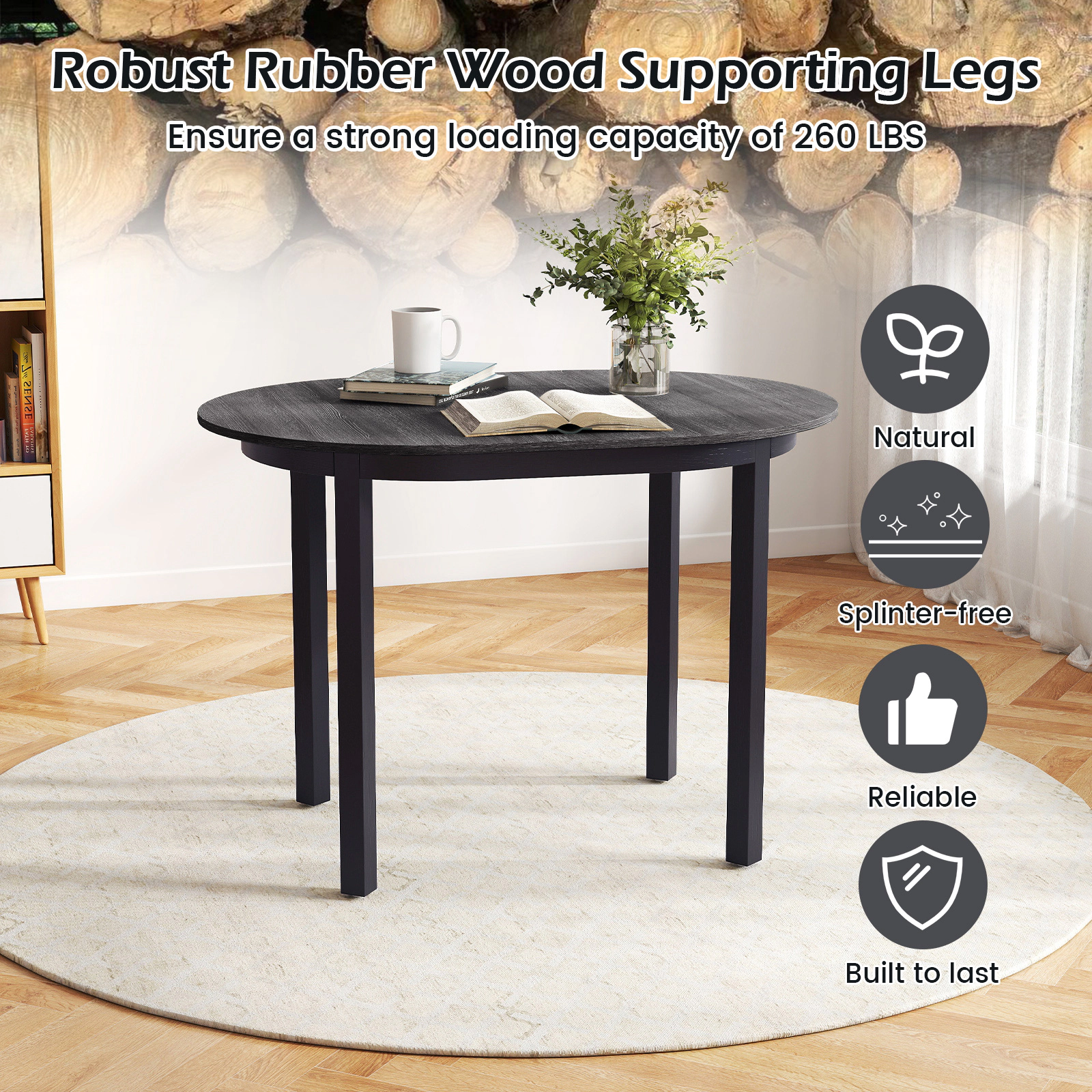 SUGIFT 43-in Rectangular Wooden Dining Table Rubber Wood Legs 260-lb Capacity 2-4 People 35.5-lb Net Weight Black + Dark