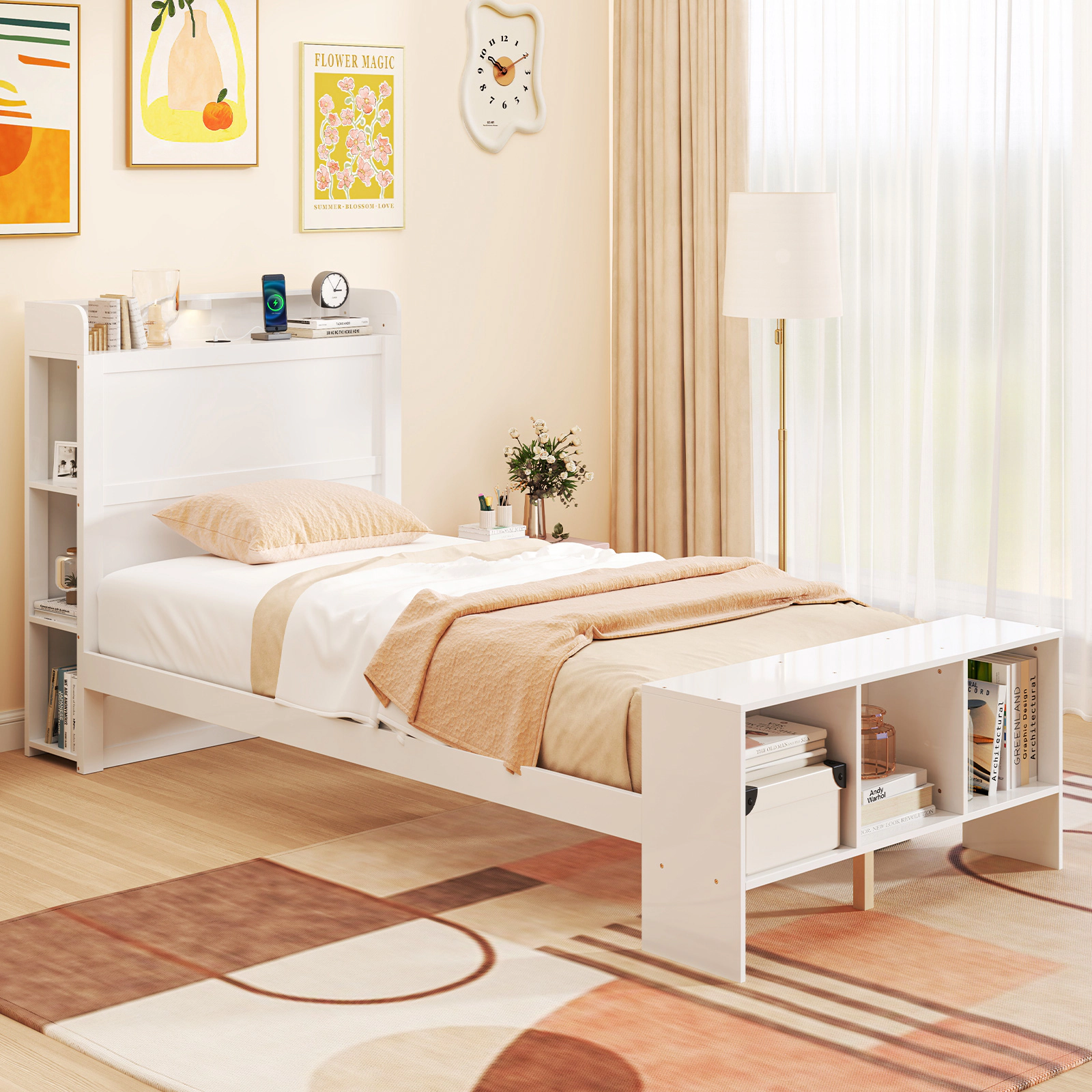 SUGIFT Twin Platform Bed with LED Headboard, 2 USB Ports and Storage, White