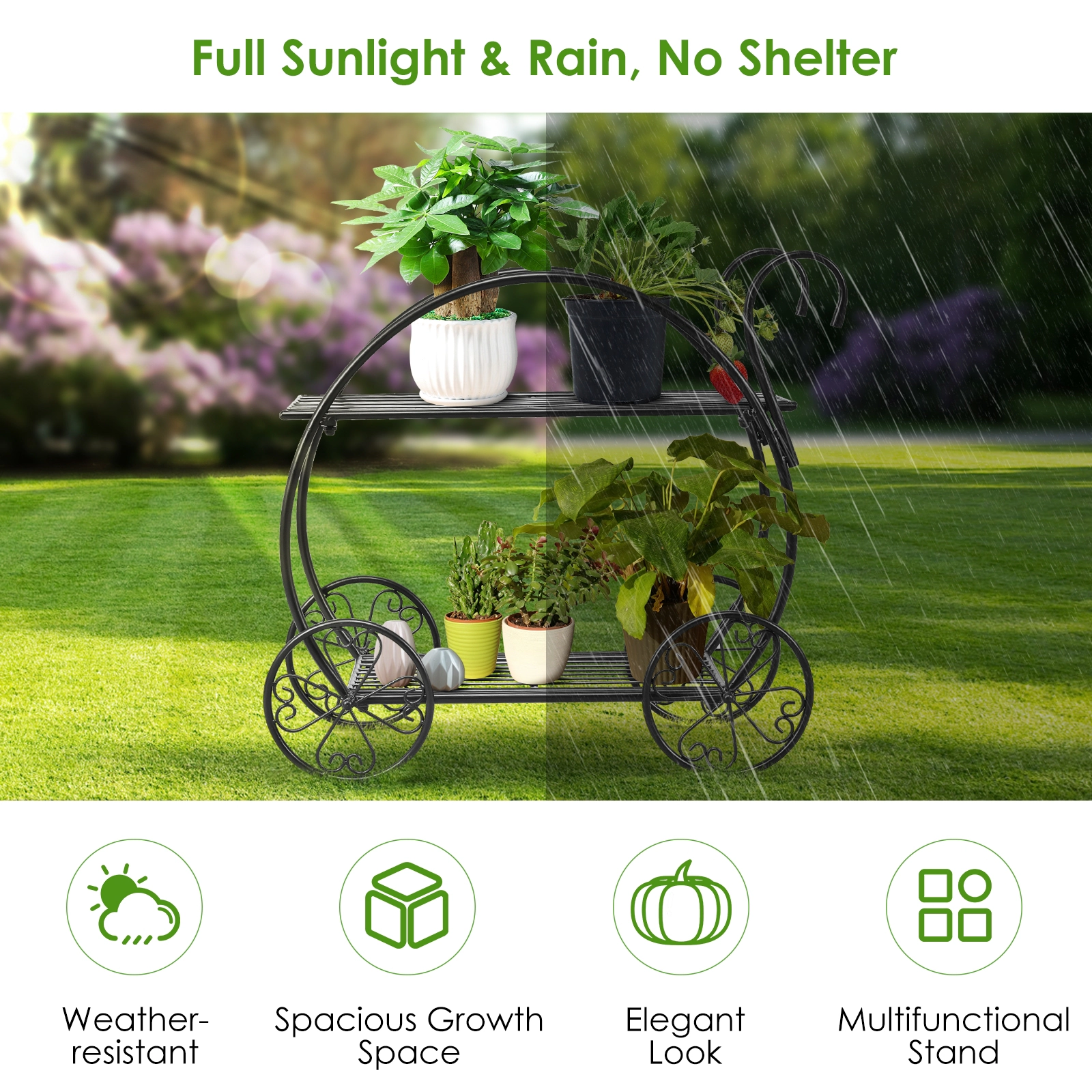 Slickblue Black 2-Tier Plant Rack with Wheels, Metal Rolling Stand for Indoor Outdoor Display