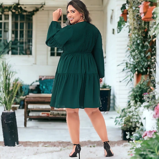 Anna-Kaci Women's Plus Size Tunic V Neck Long Sleeve Smocked Casual Loose Shift Dresses