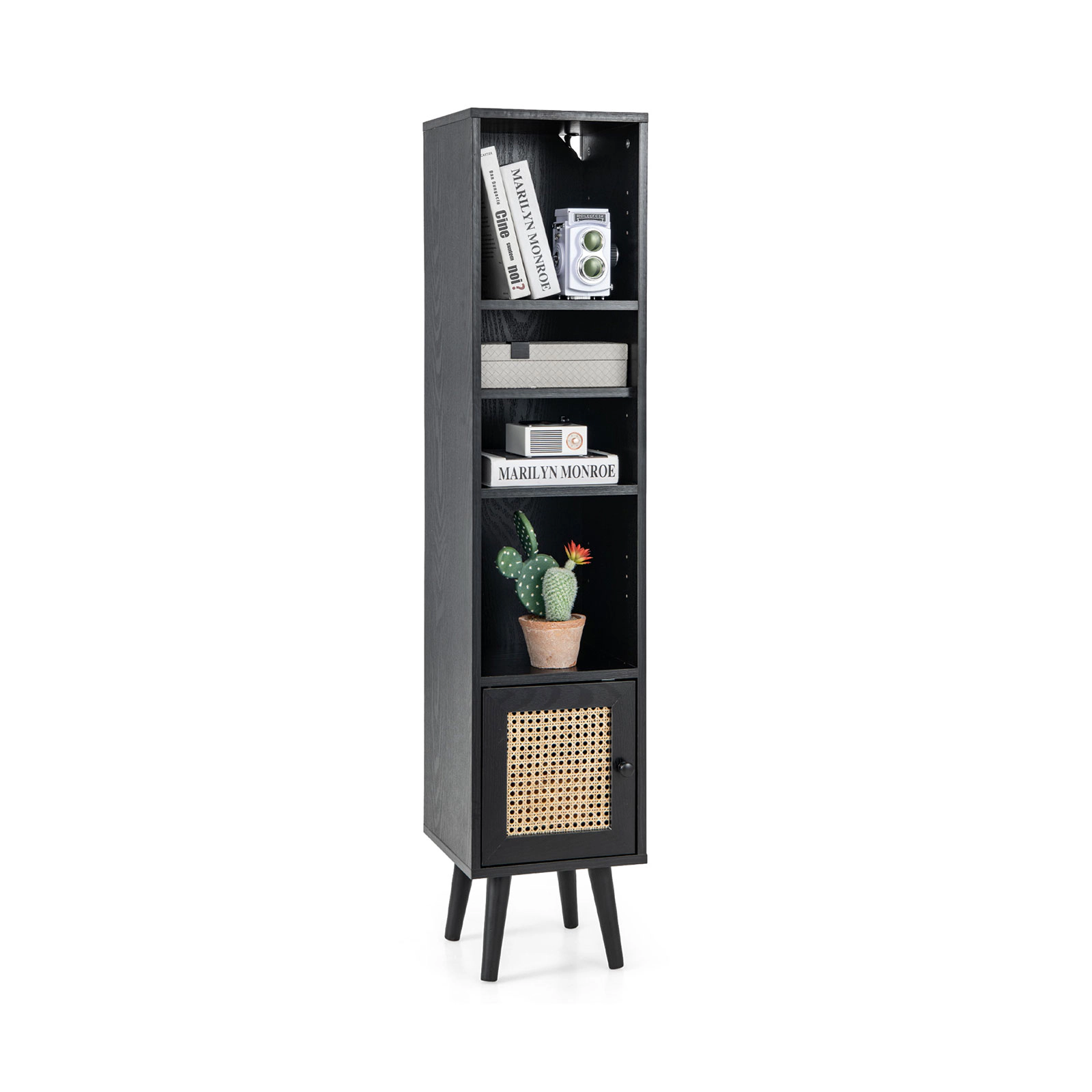 SUGIFT Slim 4-Tier Rattan Door Bookcase Storage Cabinet 200-lb Capacity Black