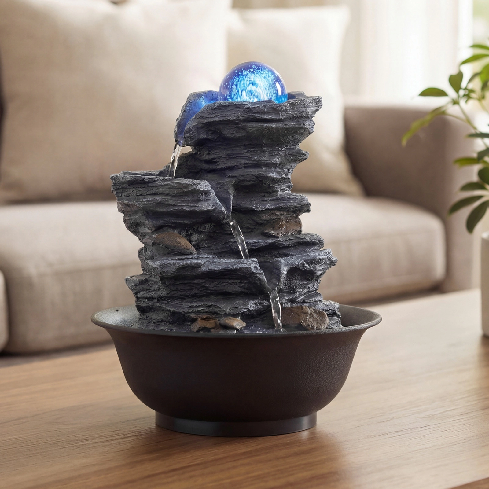 SUGIFT Black Tabletop Water Fountain with Rolling Crystal Ball and Color-Changing LED Light 8.5-in Dia 10.5-in H