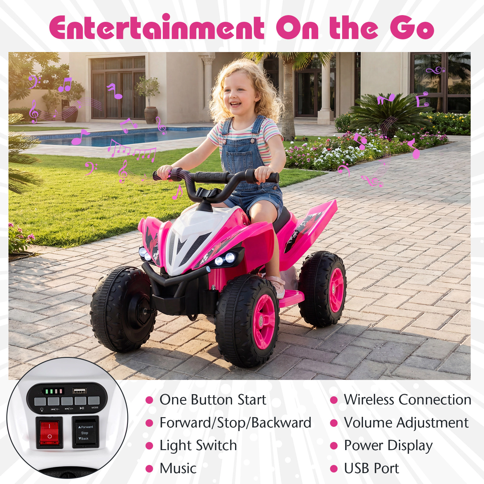 SUGIFT Pink LED Lights and 7 mph Top Speed 12V Kids Ride On ATV 4-Wheeler Quad