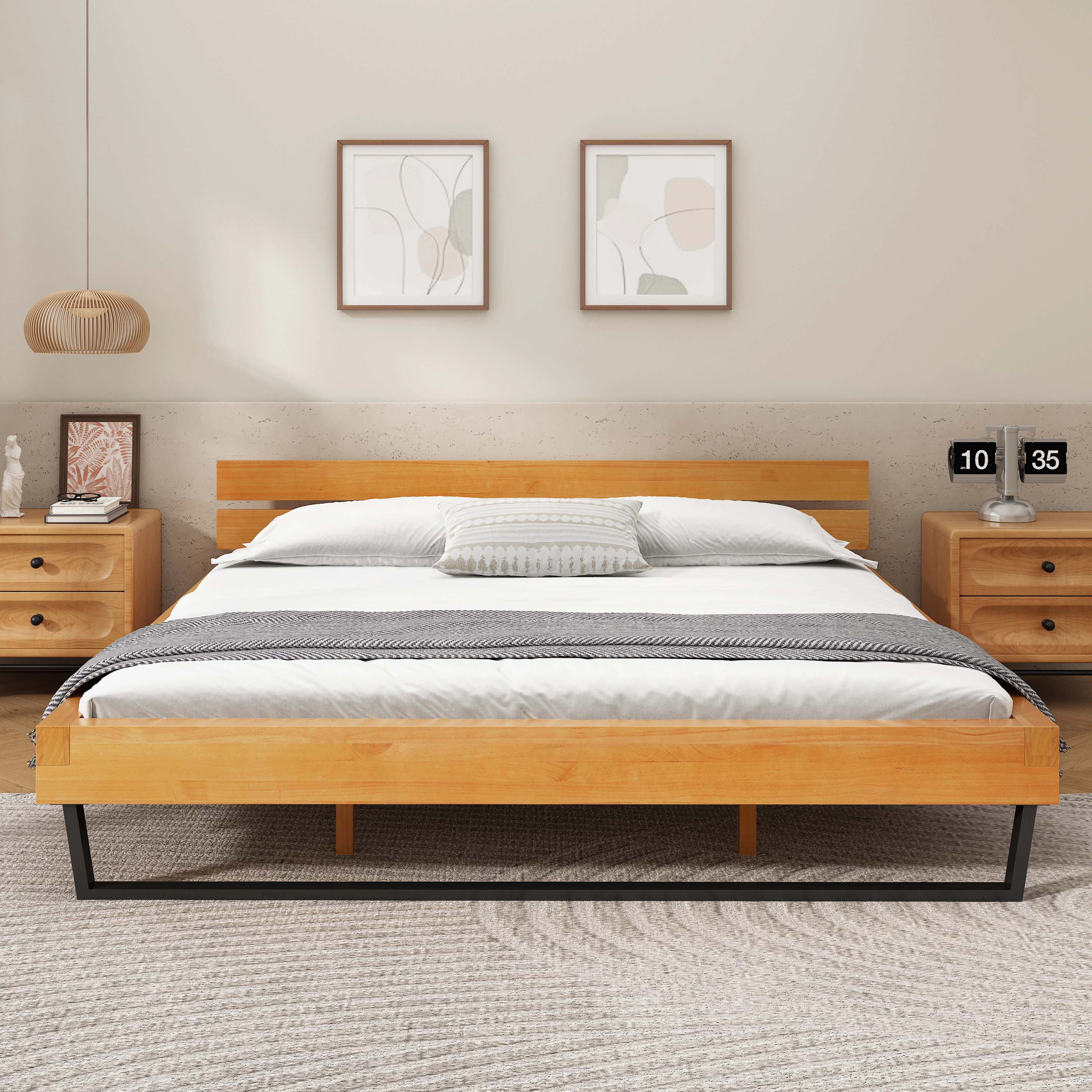 Flynama King Pine Wood Bed Frame, Natural & Black