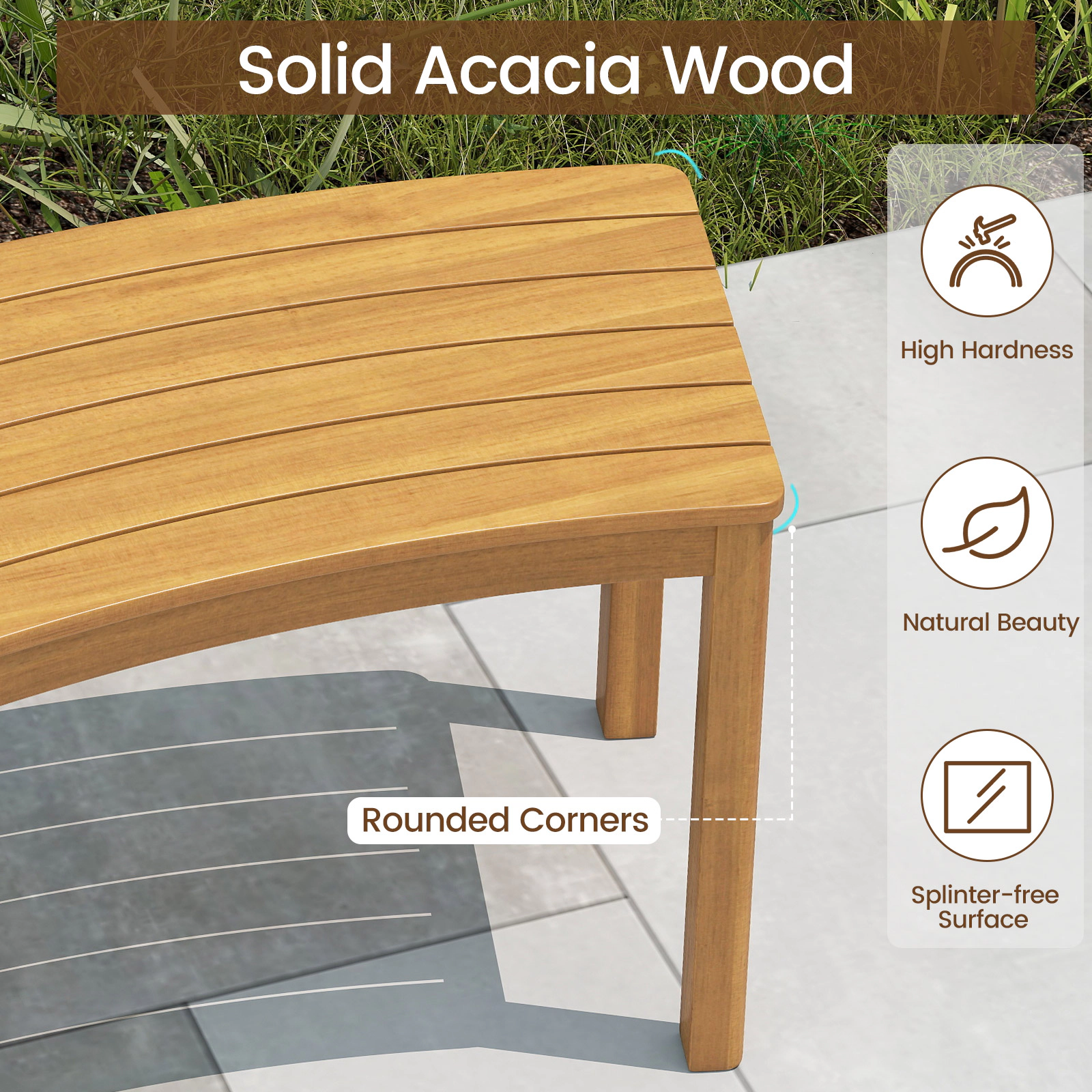 SUGIFT 3-Piece Curved Acacia Wood Fire Pit Bench Set, Backless, Natural Finish, 400-Lb Capacity