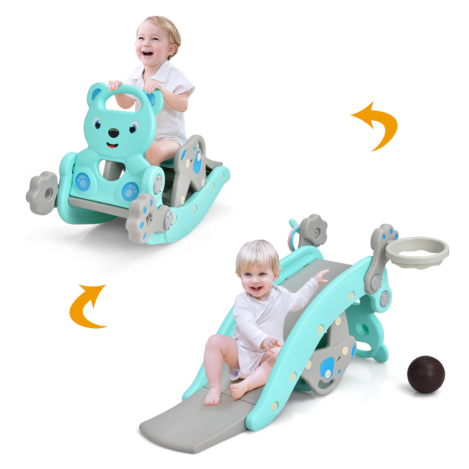 SUGIFT Basketball Hoop and Ring Toss 4-in-1 Toddler Slide Rocking Horse Playset