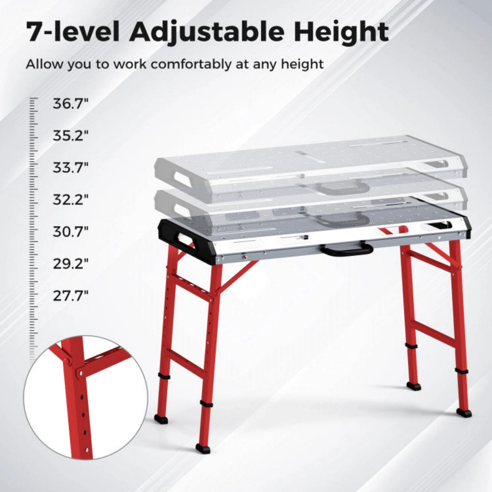 SUGIFT 7-Level Adjustable Galvanized Top 2 Bar Clamps Folding Welding Table 42-in x 21-in 1000-lb Capacity Silver