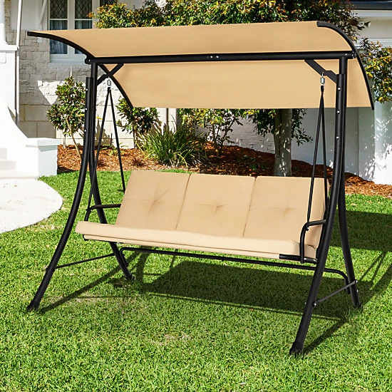 LJG 3-Seat Outdoor Porch Swing with Adjustable Canopy and Padded Cushions