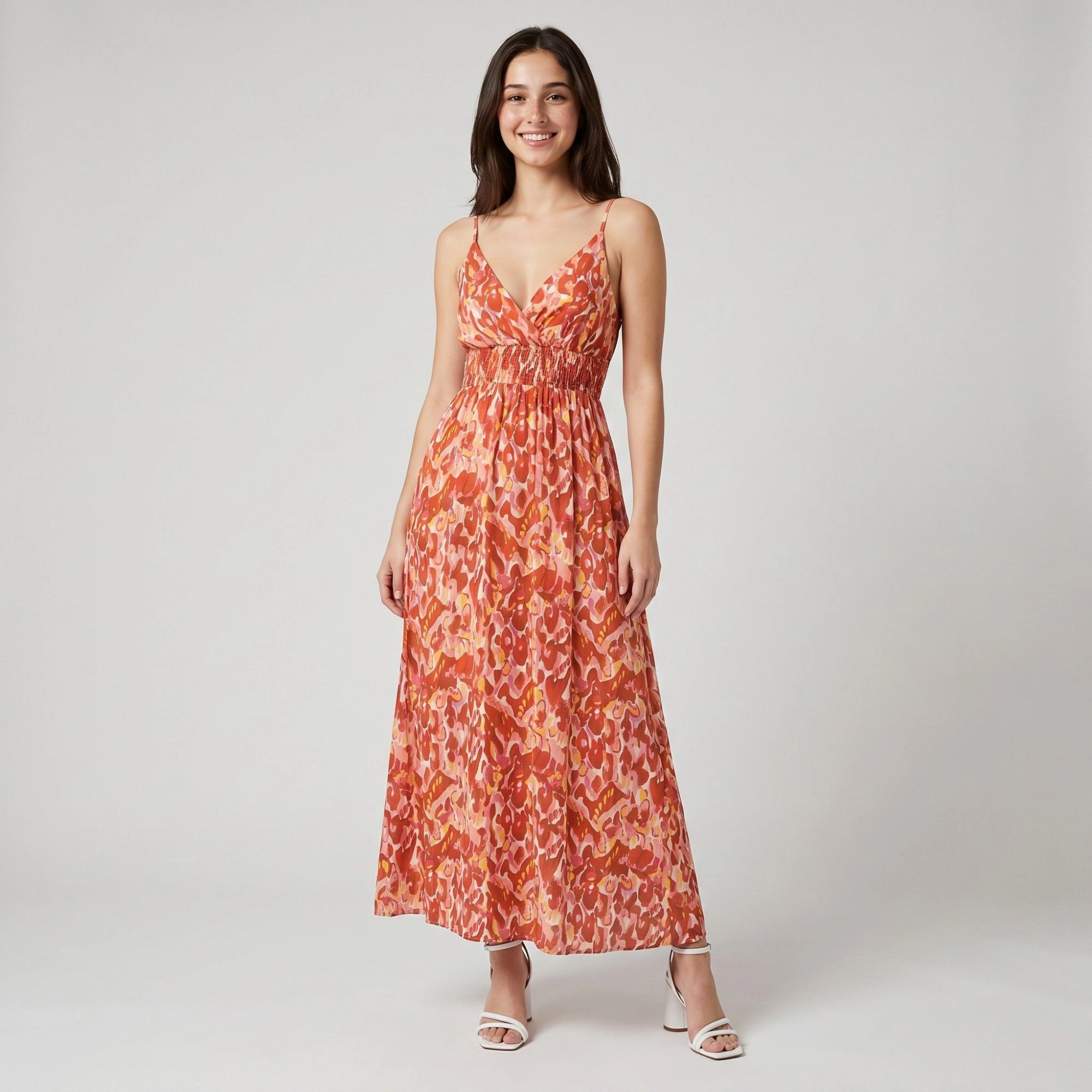 Anna-Kaci Women's Abstract Floral Print Smocked Waist Spaghetti Strap V-Neck Surplice Bodice Maxi Dress