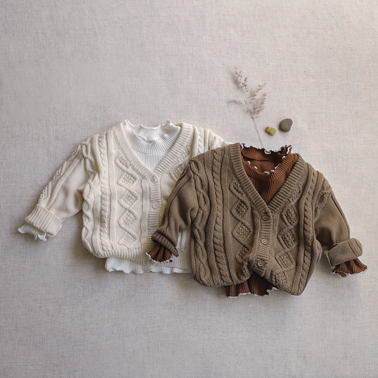 MyKids-USA Baby Crochet Kint Pattern Solid Color V-Neck Single Breasted Cardigan