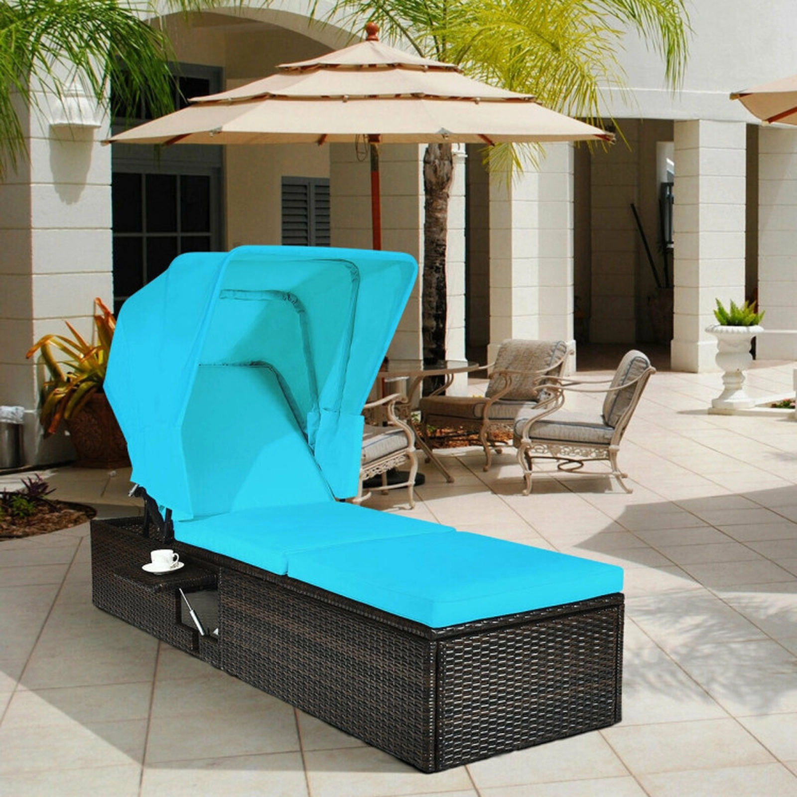 SUGIFT 5-Position Retractable Sun Canopy PE Rattan Chaise Lounge Chair 77-in x 23.5-in 360-lb Capacity Turquoise