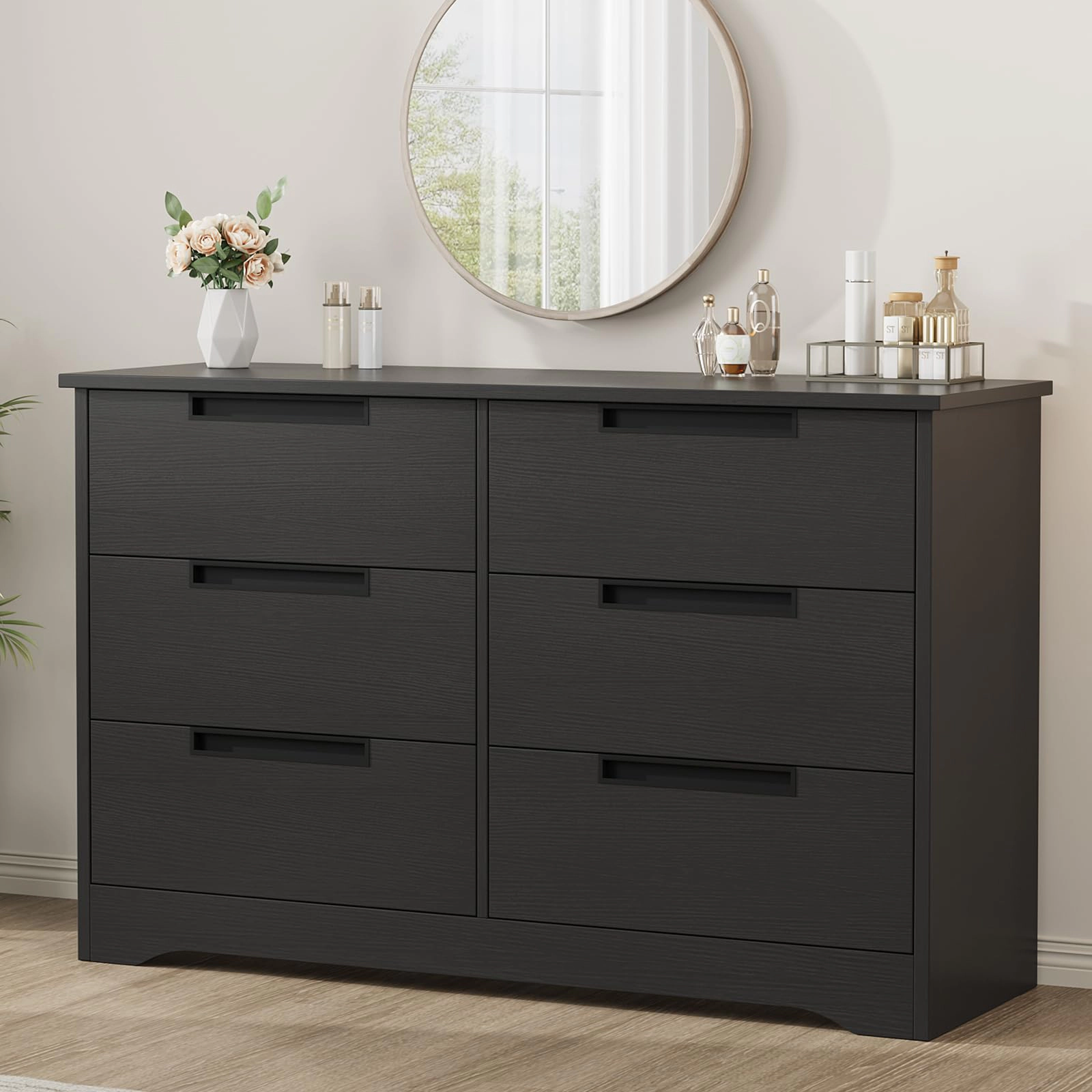 Modern Black 6 Drawer Dresser with Embedded Handles, Wooden Storage Organizer for Bedroom