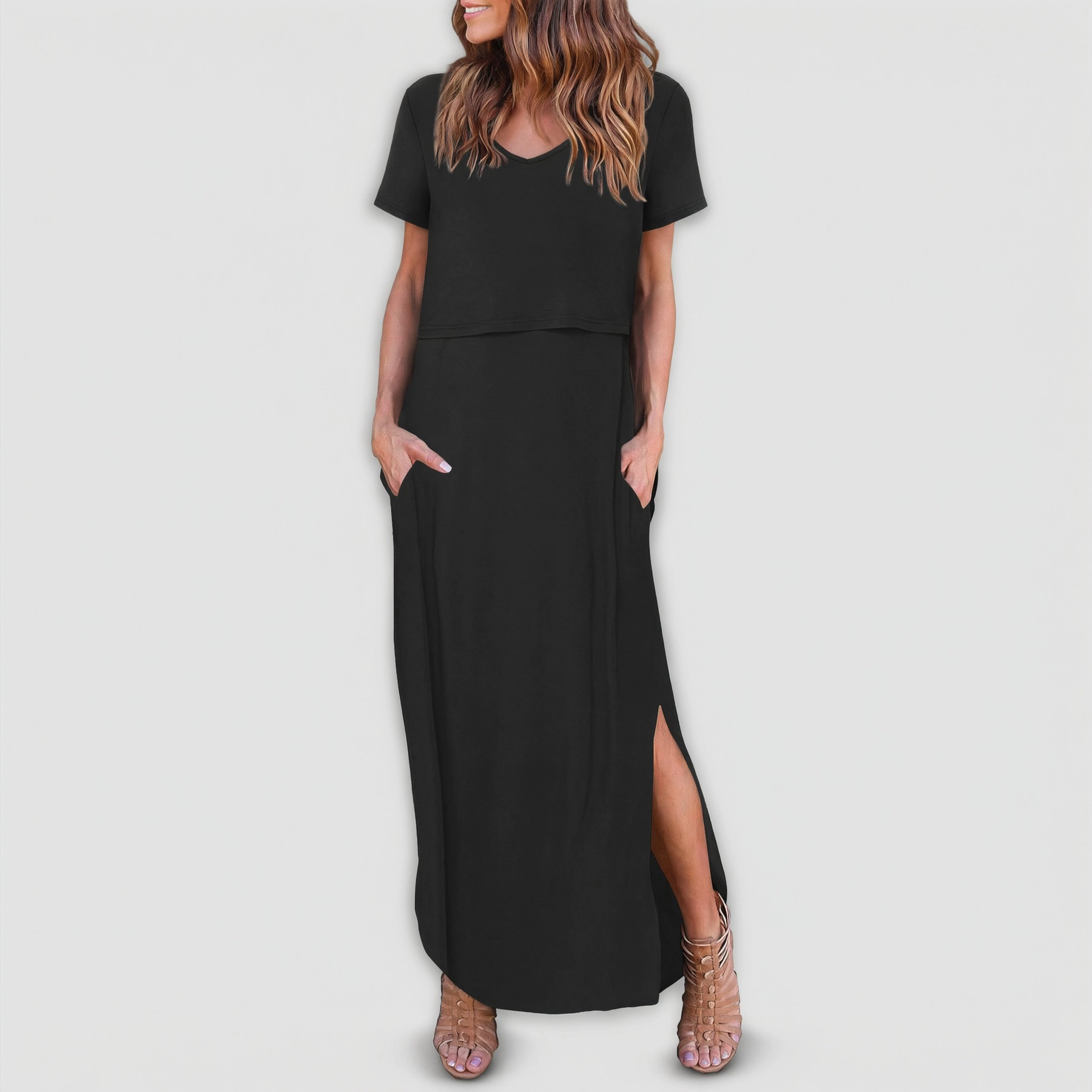 Ekouaer Women's V Neck Short Sleeve Slit Maxi Dress with Pockets