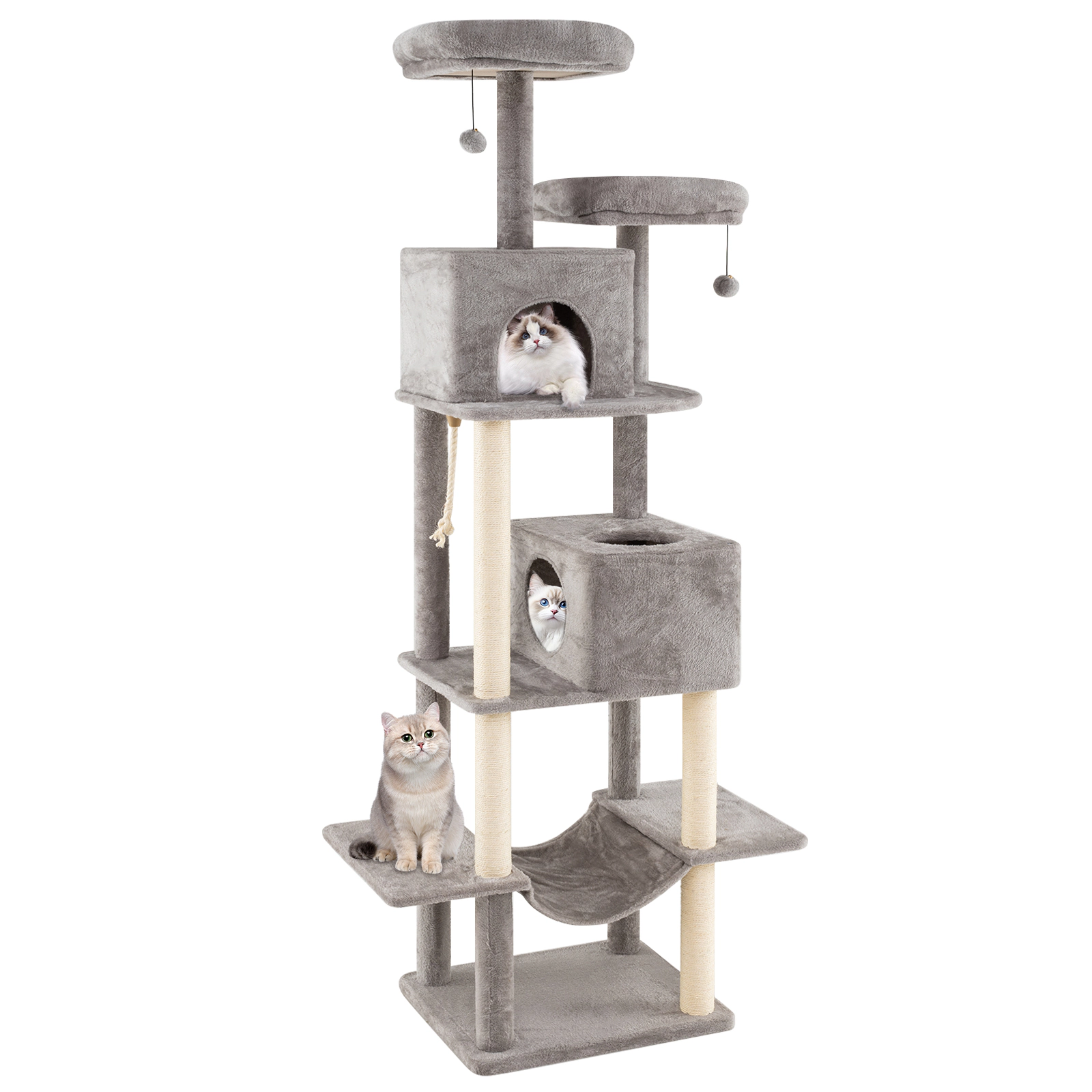 SUGIFT 84-in Large Cat Tree with 2 Condos, Hammock and Soft Plush Perches 22-lb Tier Capacity 36-in Wide Gray