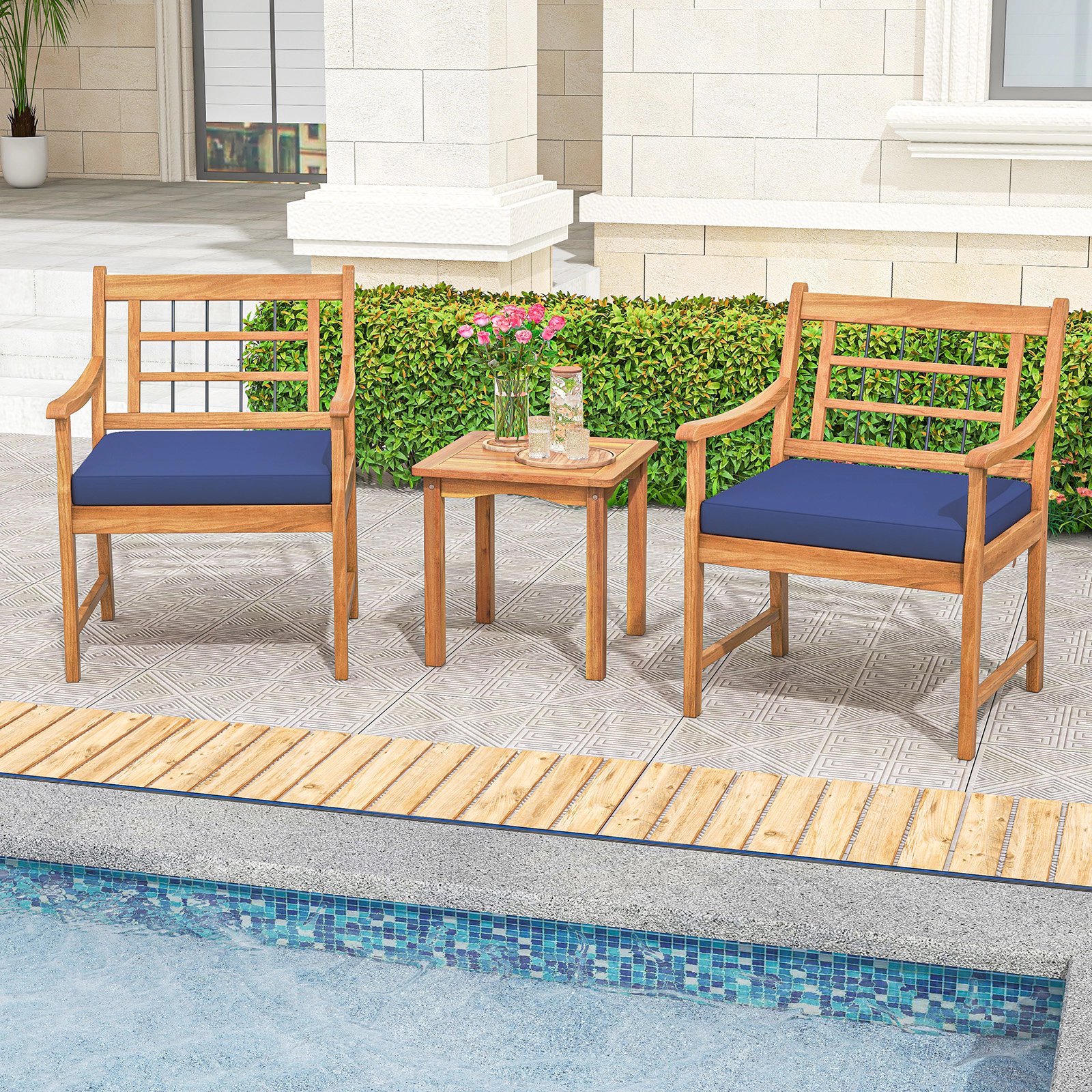 SUGIFT 3 Piece Acacia Wood Patio Conversation Set Seat Cushions & Coffee Table 400-lb Chairs Natural Frame Navy Cushions