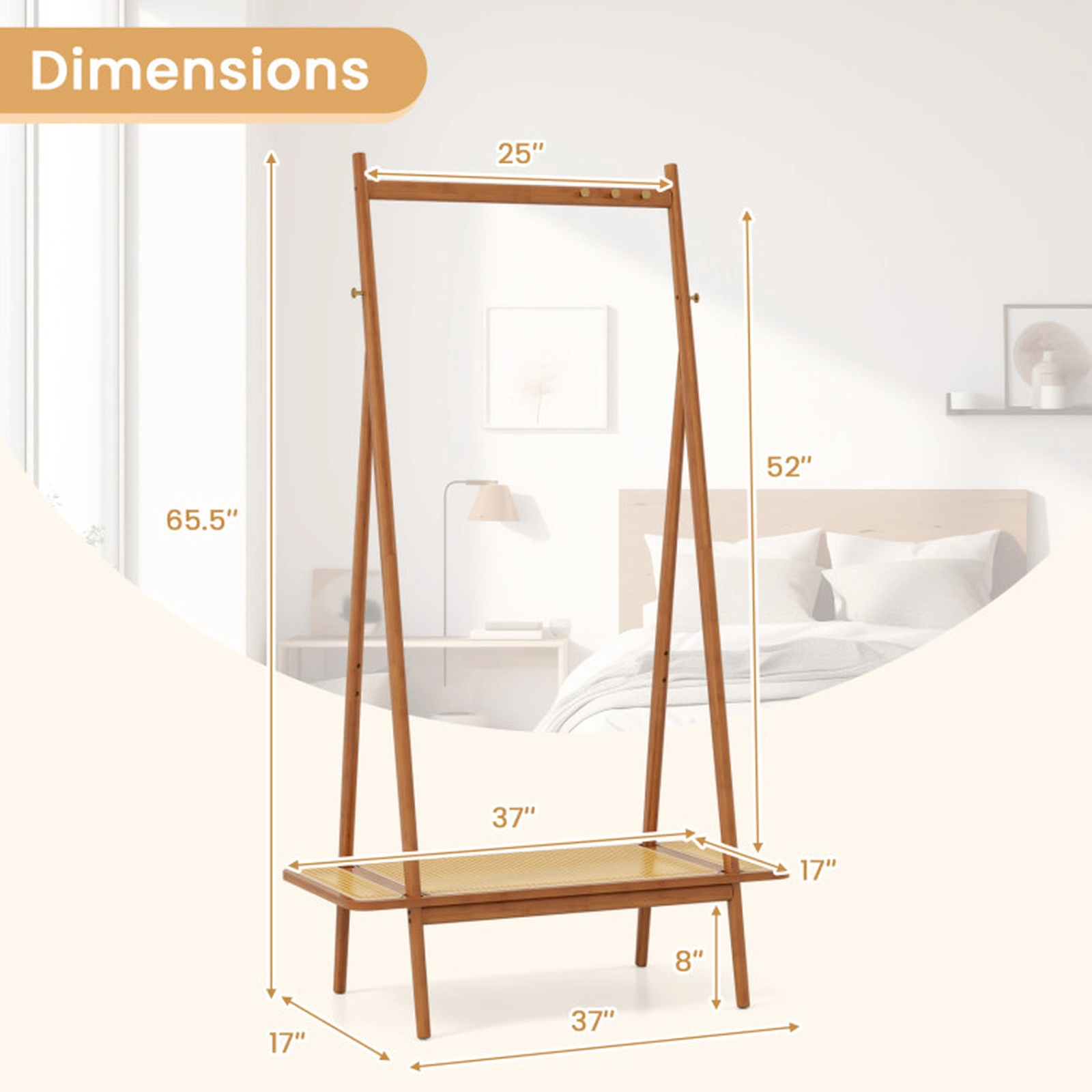 SUGIFT Bamboo Clothes Rack with Hanging Rod Rattan Shelf and Hooks