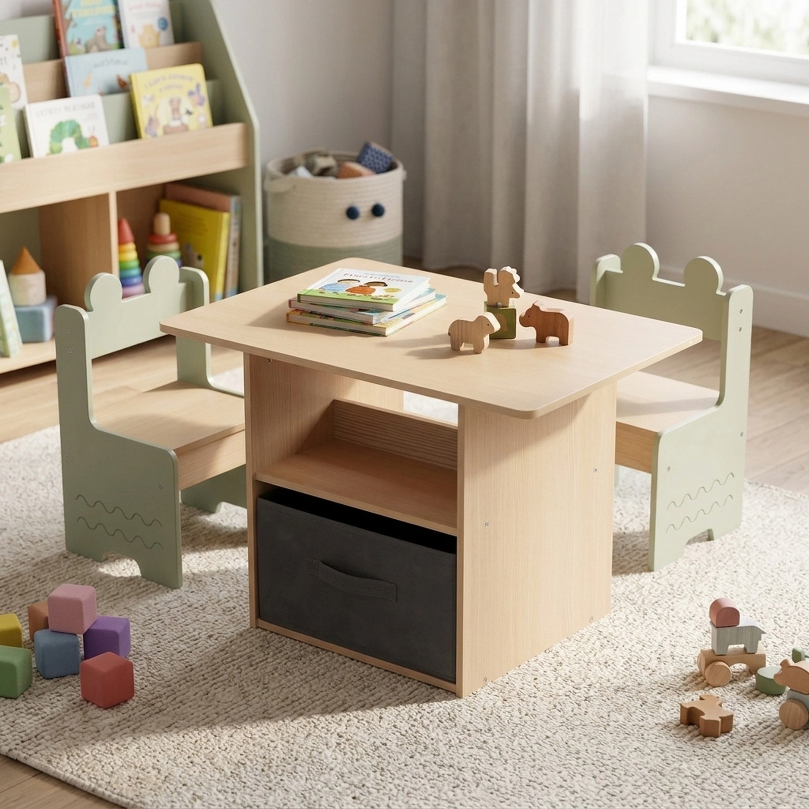 SUGIFT Wooden Kids Table and Chairs Set, 2 Chairs, Storage Compartments and Fabric Drawer, Natural and Green