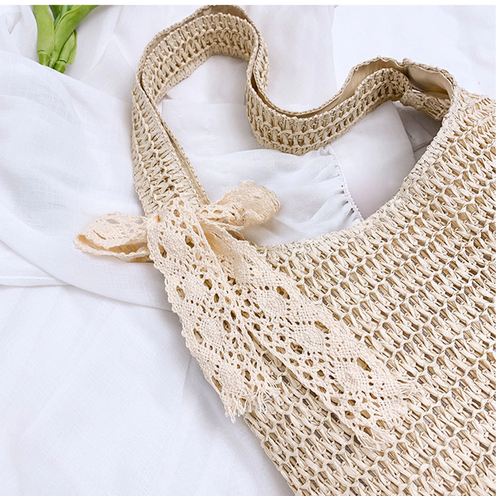 Alilang Women's Crochet Woven Hobo Shoulder Bag with Lace Bow Accent and Lined Interior