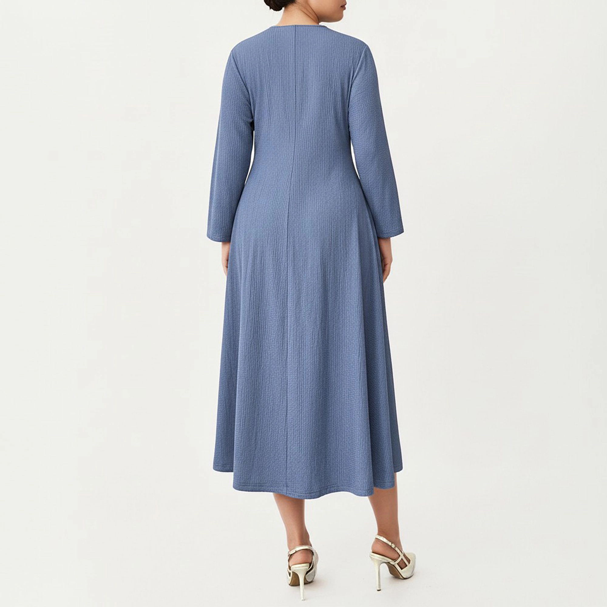 Anna-Kaci Women's Plus Long Sleeve Fitted Bodice Flared Skirt Square Neck Midi Dress